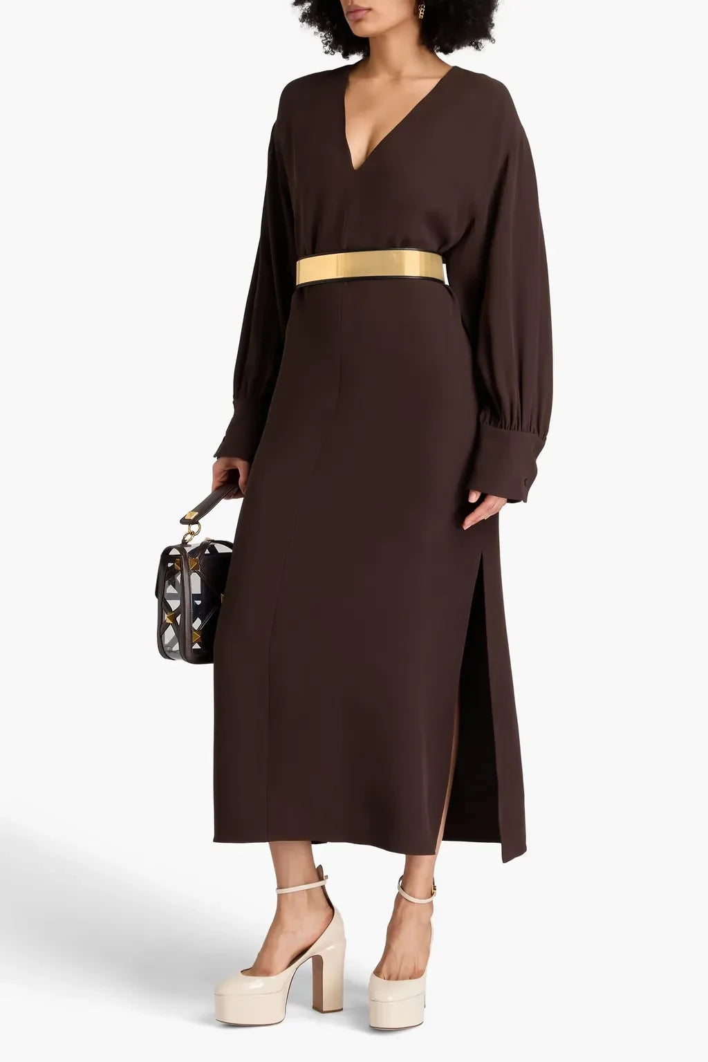 Chic A Line V Neck Puff Sleeve High Slit Midi Length Plus Size Evening Dress