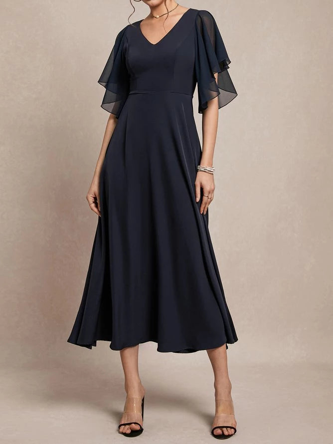Chic A Line V Neck Ruffle Sleeve Zip Back Midi Length Mother of the Bride Dress