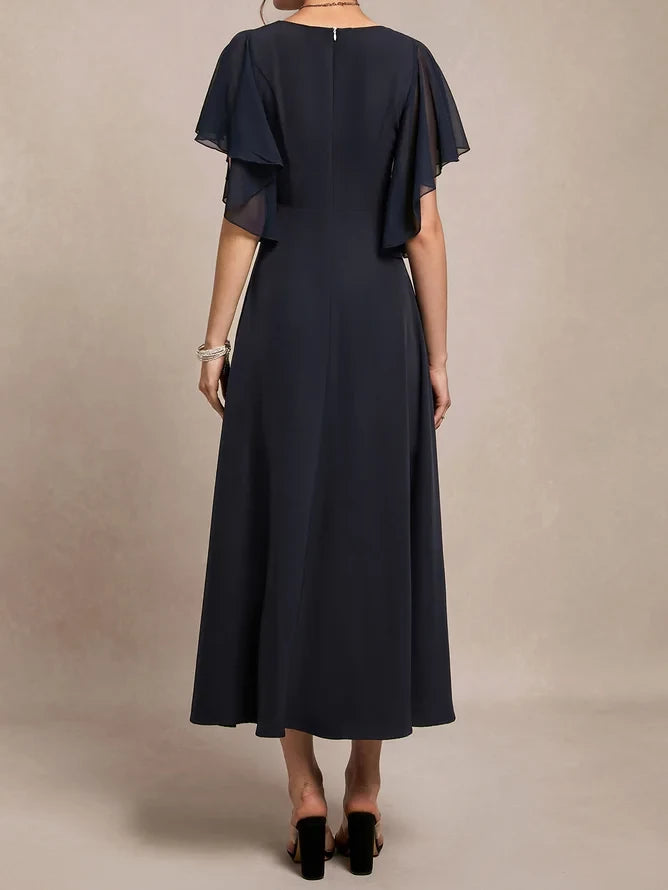 Chic A Line V Neck Ruffle Sleeve Zip Back Midi Length Mother of the Bride Dress