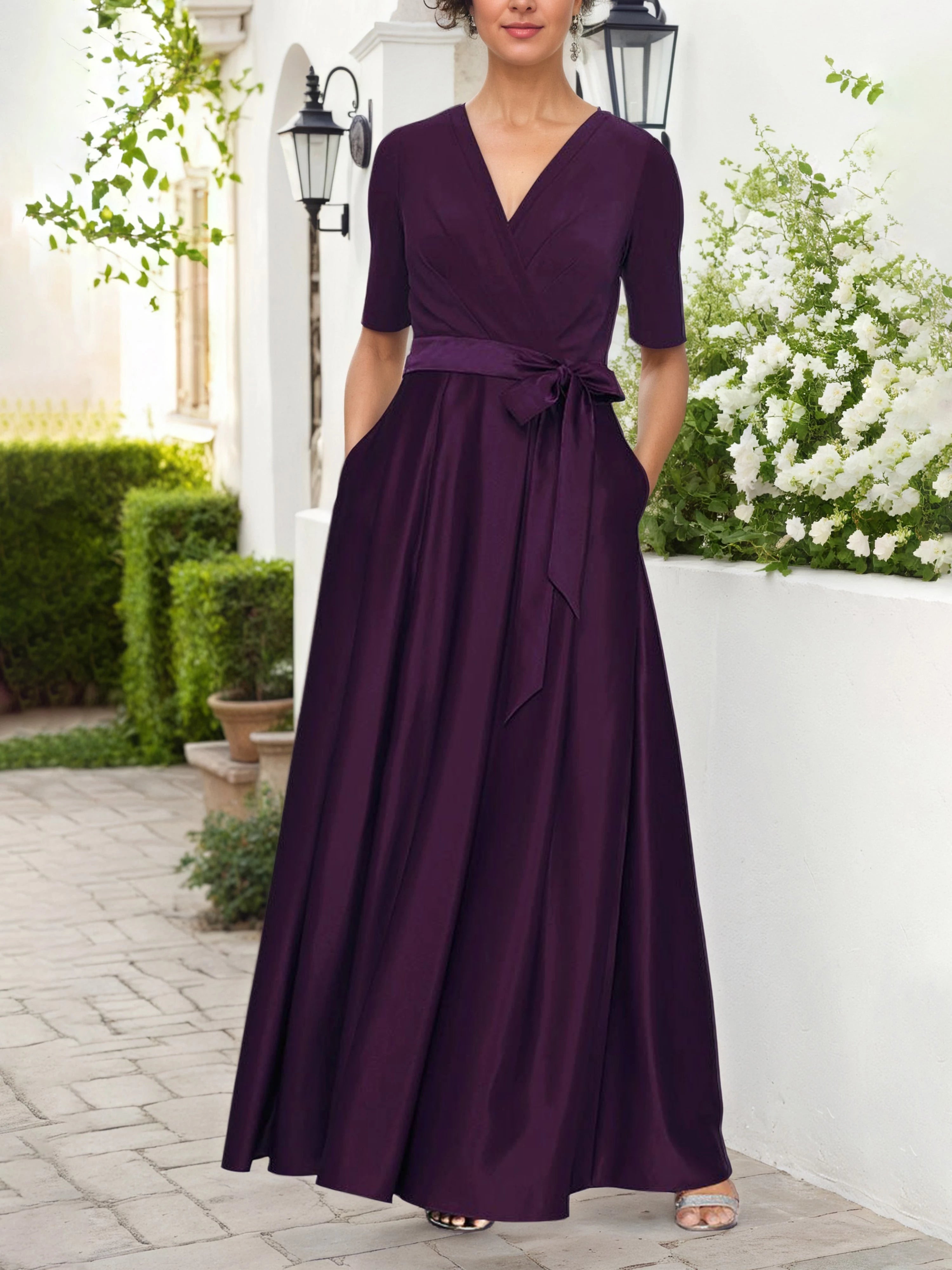 Chic A Line V Neck Short Sleeve Belted Floor Length Mother of the Bride Dress