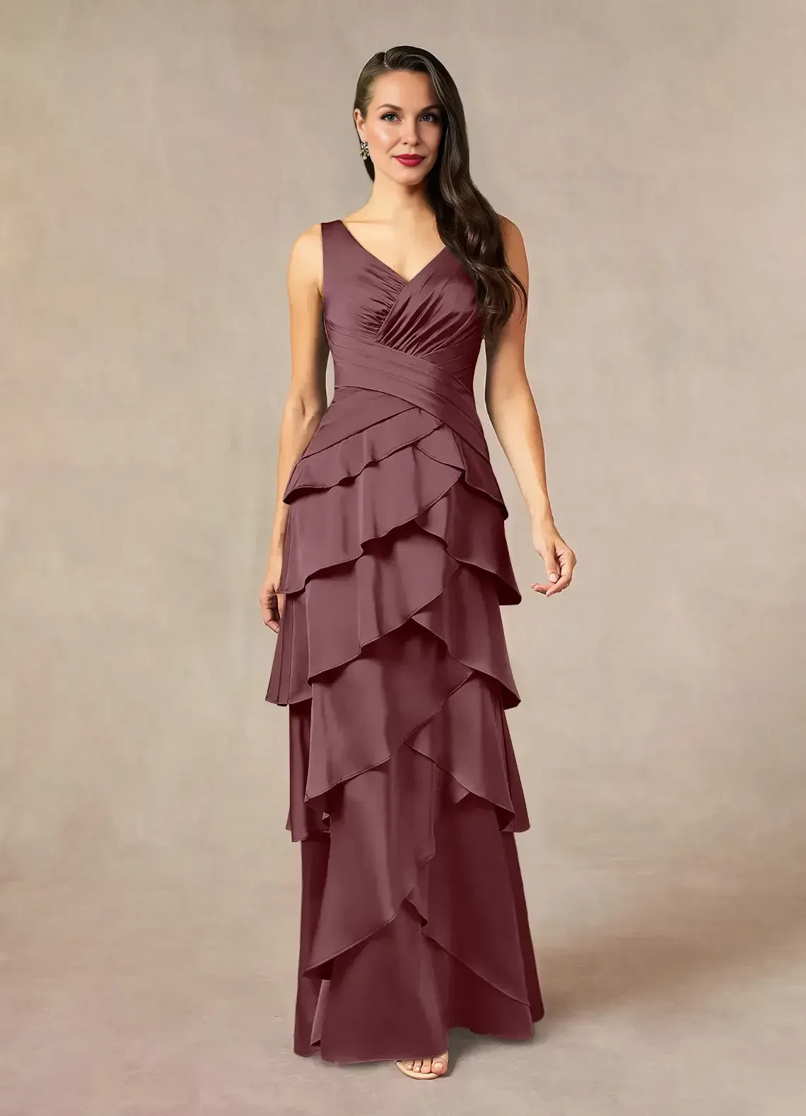 Chic A Line V Neck Sleeveless Ruched Back Floor Length Mother of the Bride Dress