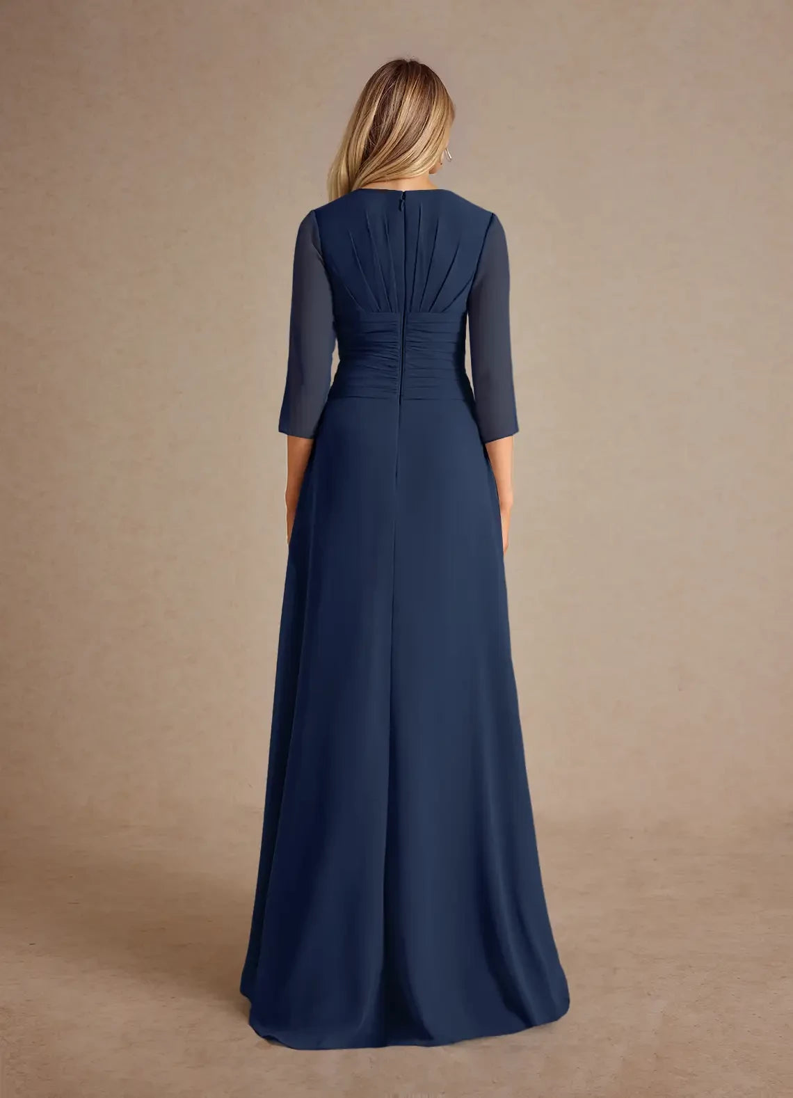 Chic A Line V Neck Three Quarter Chiffon Sleeve Ruched Back Floor Length Mother of the Bride Dress
