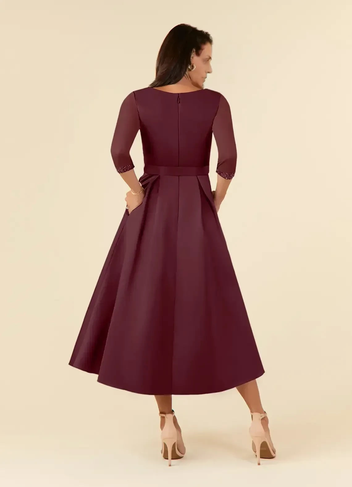 Chic A Line V Neck Three Quarter Sleeve Zip Back Midi Length Mother of the Bride Dress