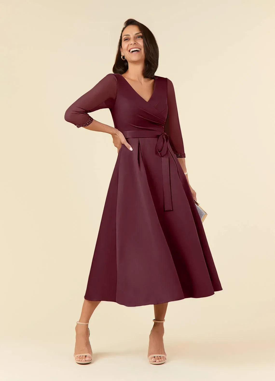 Chic A Line V Neck Three Quarter Sleeve Zip Back Midi Length Mother of the Bride Dress