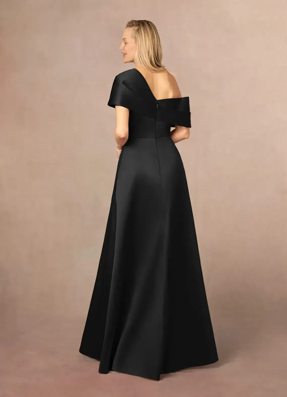 Chic A line Asymmetrical Neck Cap Sleeve Zipper Back Floor Length Mother of the Bride Dress