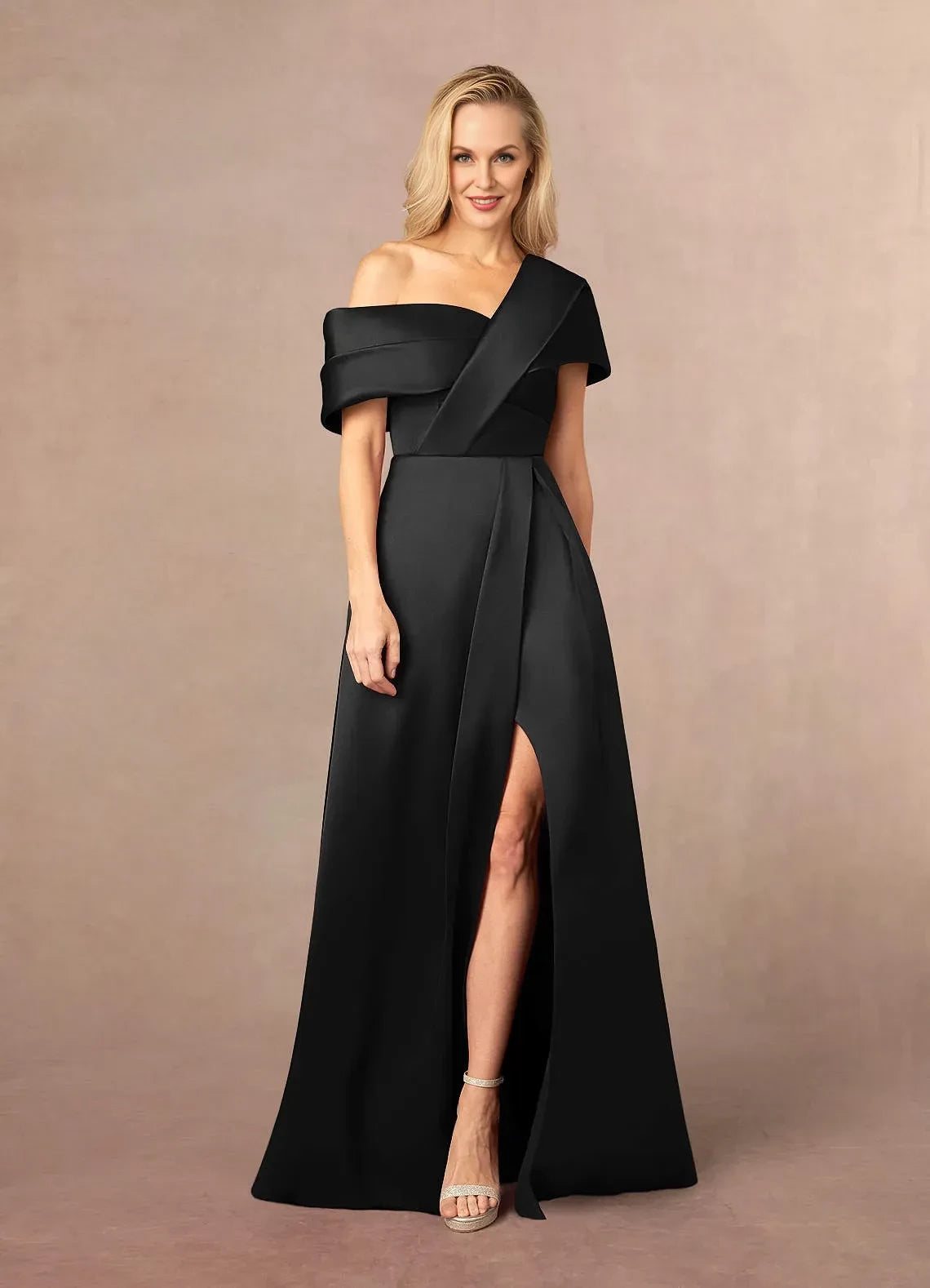 Chic A line Asymmetrical Neck Cap Sleeve Zipper Back Floor Length Mother of the Bride Dress