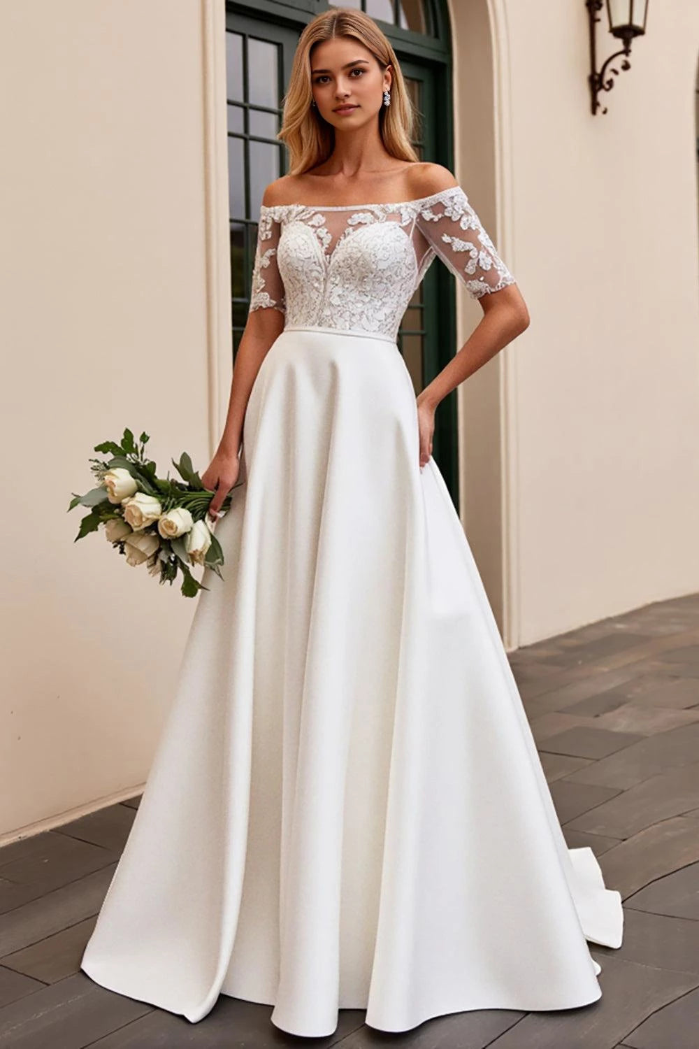 Chic Ball Gown Off Shoulder Lace Short Sleeve Plain Back Floor Length Wedding Dress