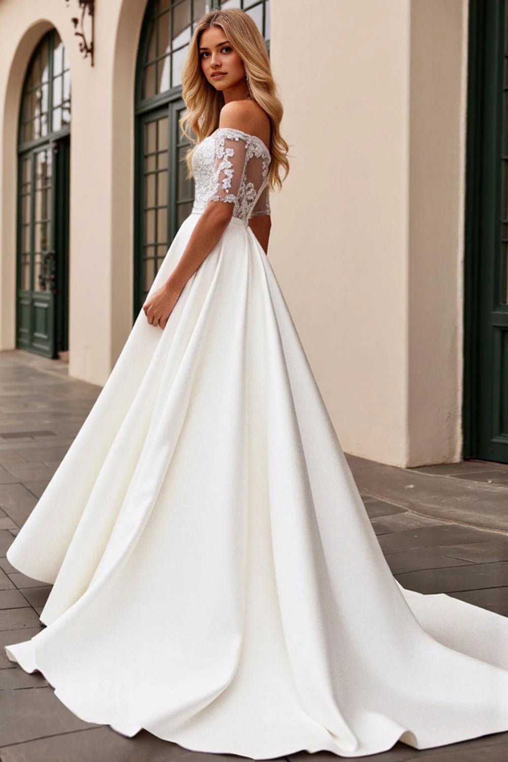 Chic Ball Gown Off Shoulder Lace Short Sleeve Plain Back Floor Length Wedding Dress