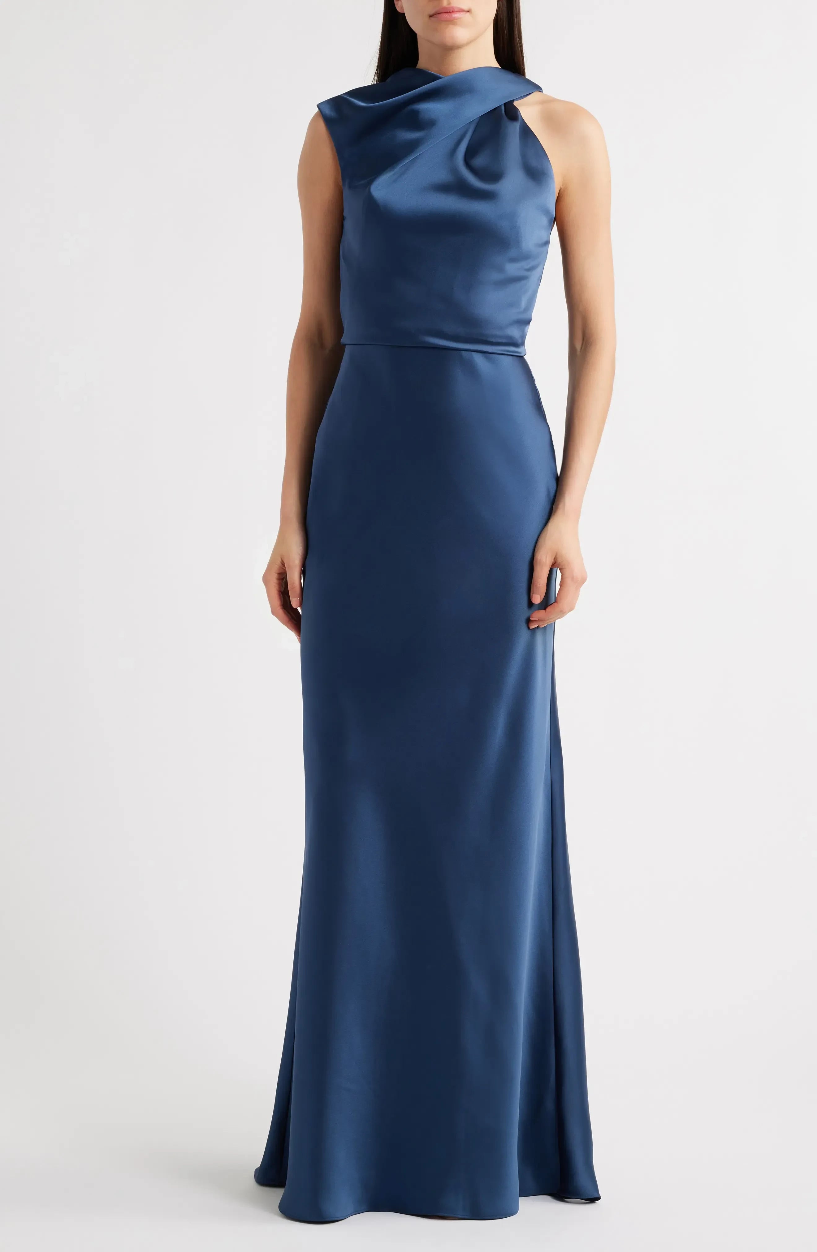 Chic Draped Neck Sleeveless Zipper Back Floor Length Evening Dress