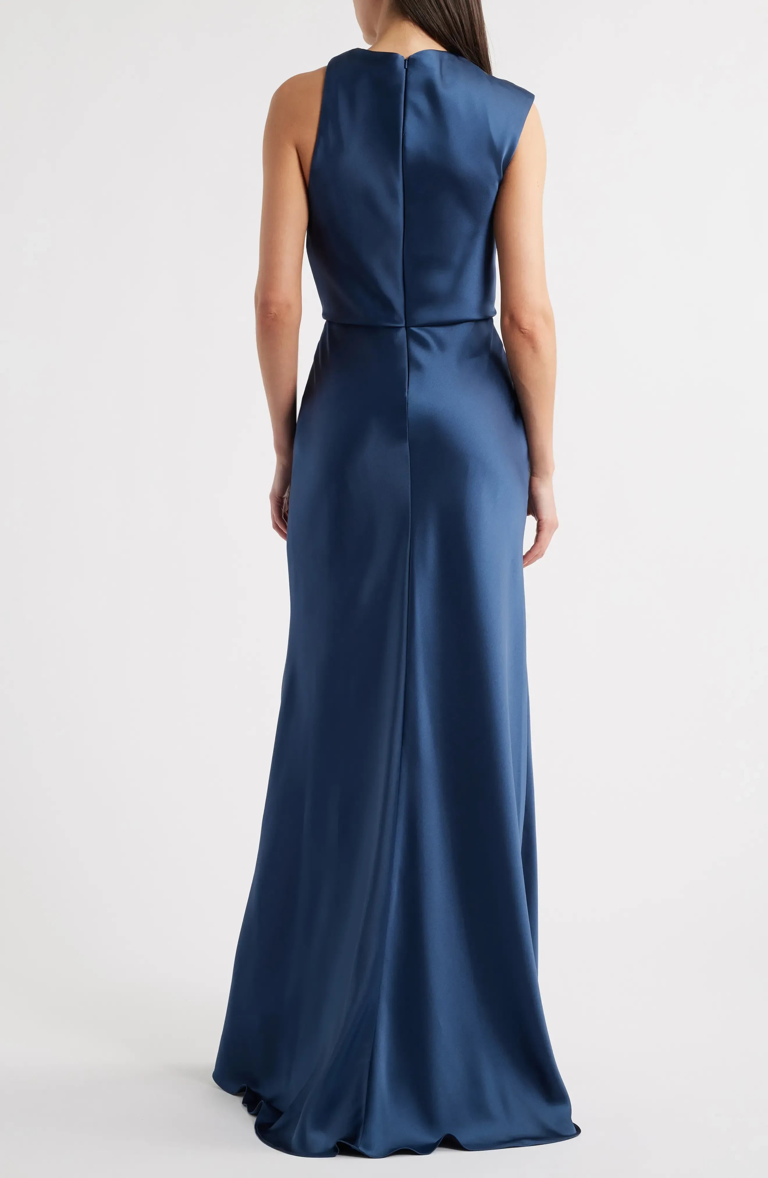 Chic Draped Neck Sleeveless Zipper Back Floor Length Evening Dress