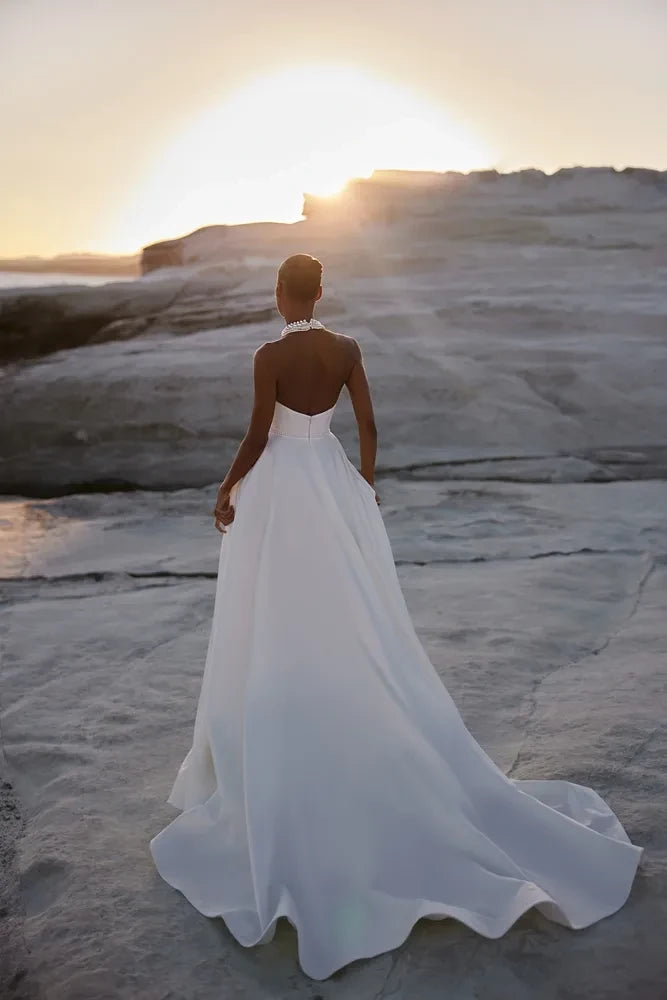 Chic Halter Ball Gown Sleeveless Open Back Long Length Wedding Dress with High Slit