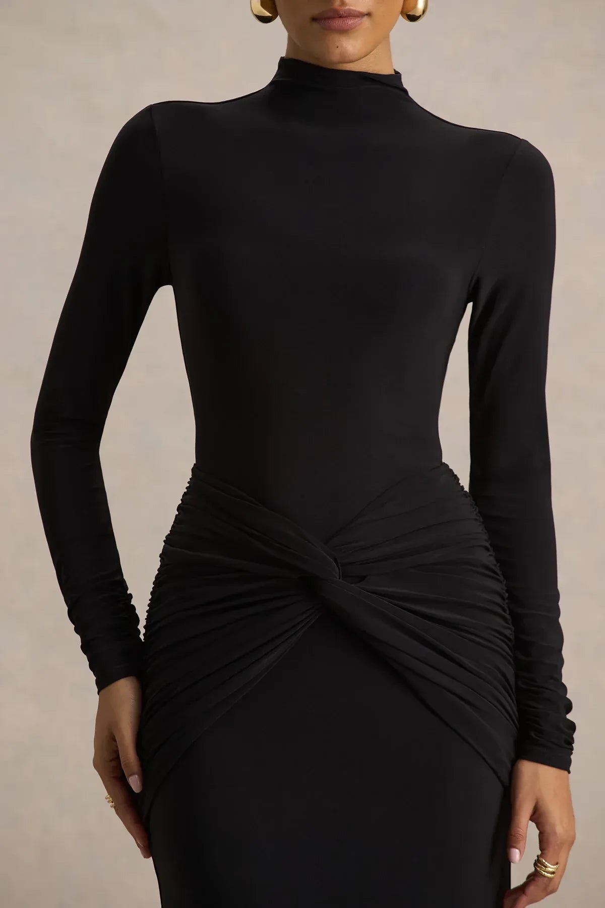 Chic Like Sheath High Neck Long Sleeve Knot Front Floor Length Evening Dress