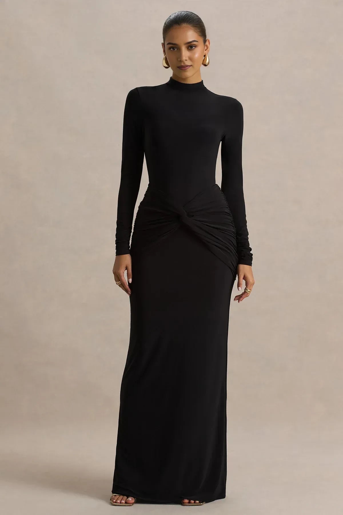 Chic Like Sheath High Neck Long Sleeve Knot Front Floor Length Evening Dress