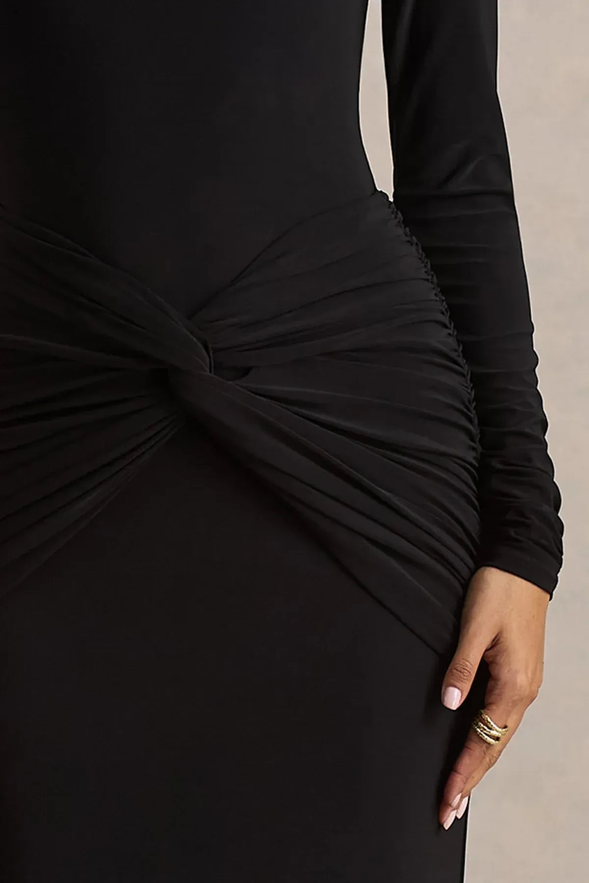 Chic Like Sheath High Neck Long Sleeve Knot Front Floor Length Evening Dress