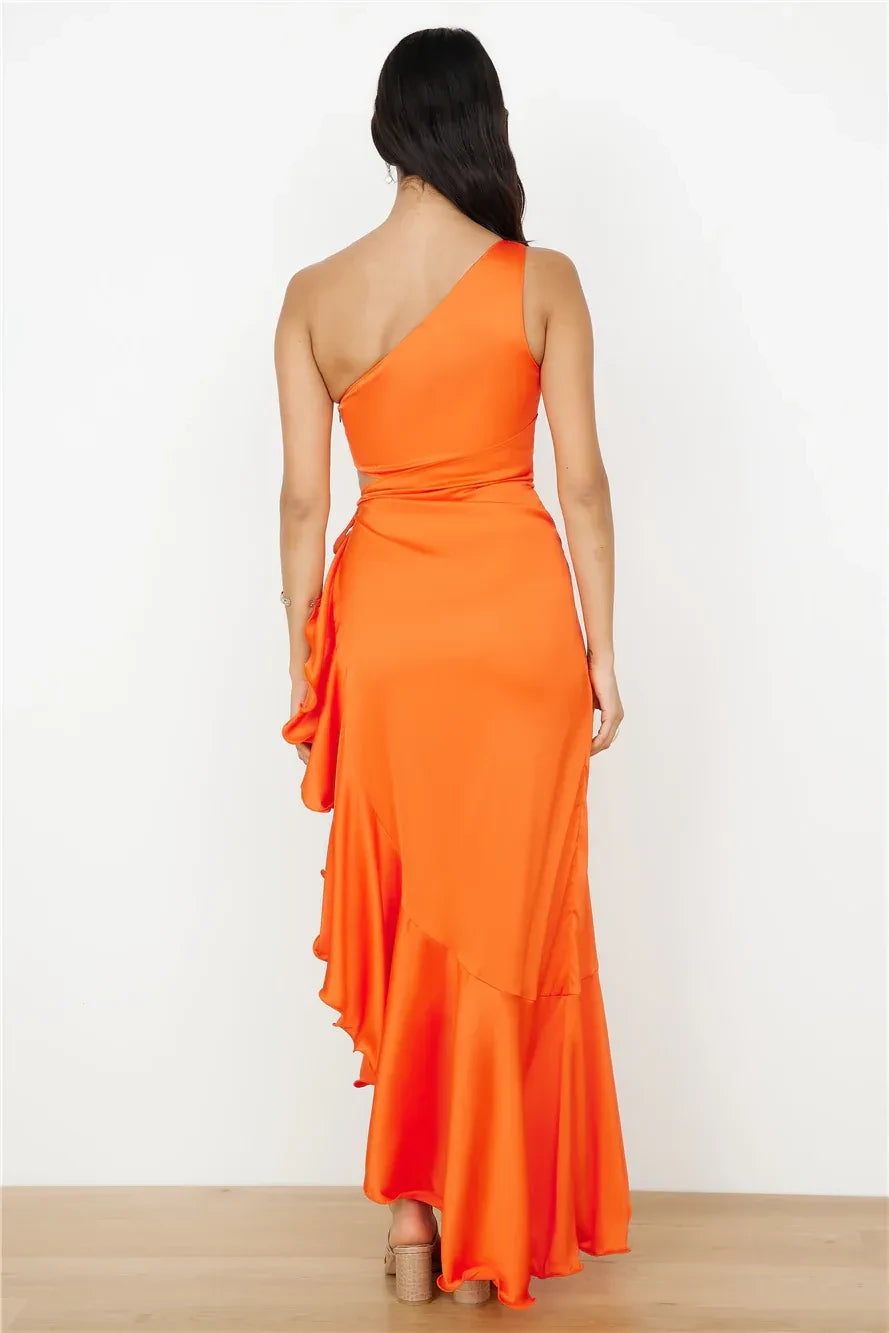 Chic Mermaid Asymmetric Neck One Sleeve Cut Out Side Ruffle Floor Length Prom Dress