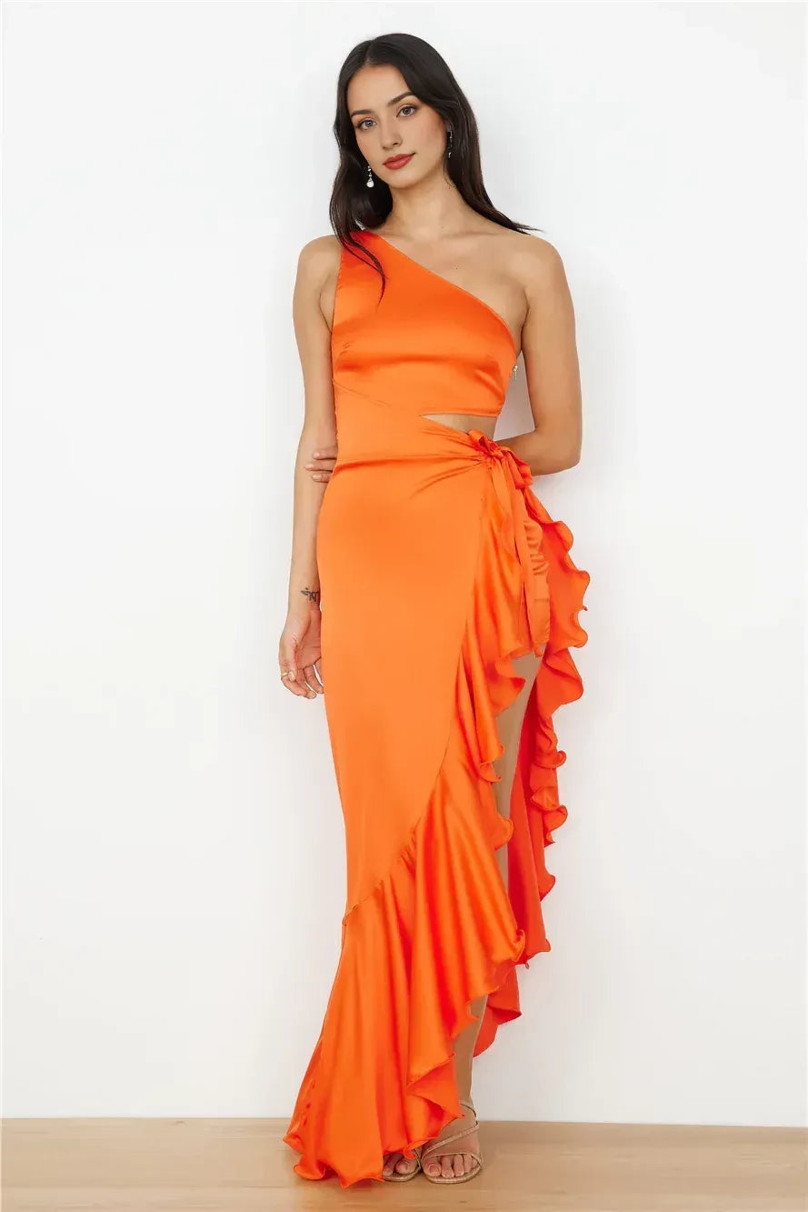 Chic Mermaid Asymmetric Neck One Sleeve Cut Out Side Ruffle Floor Length Prom Dress