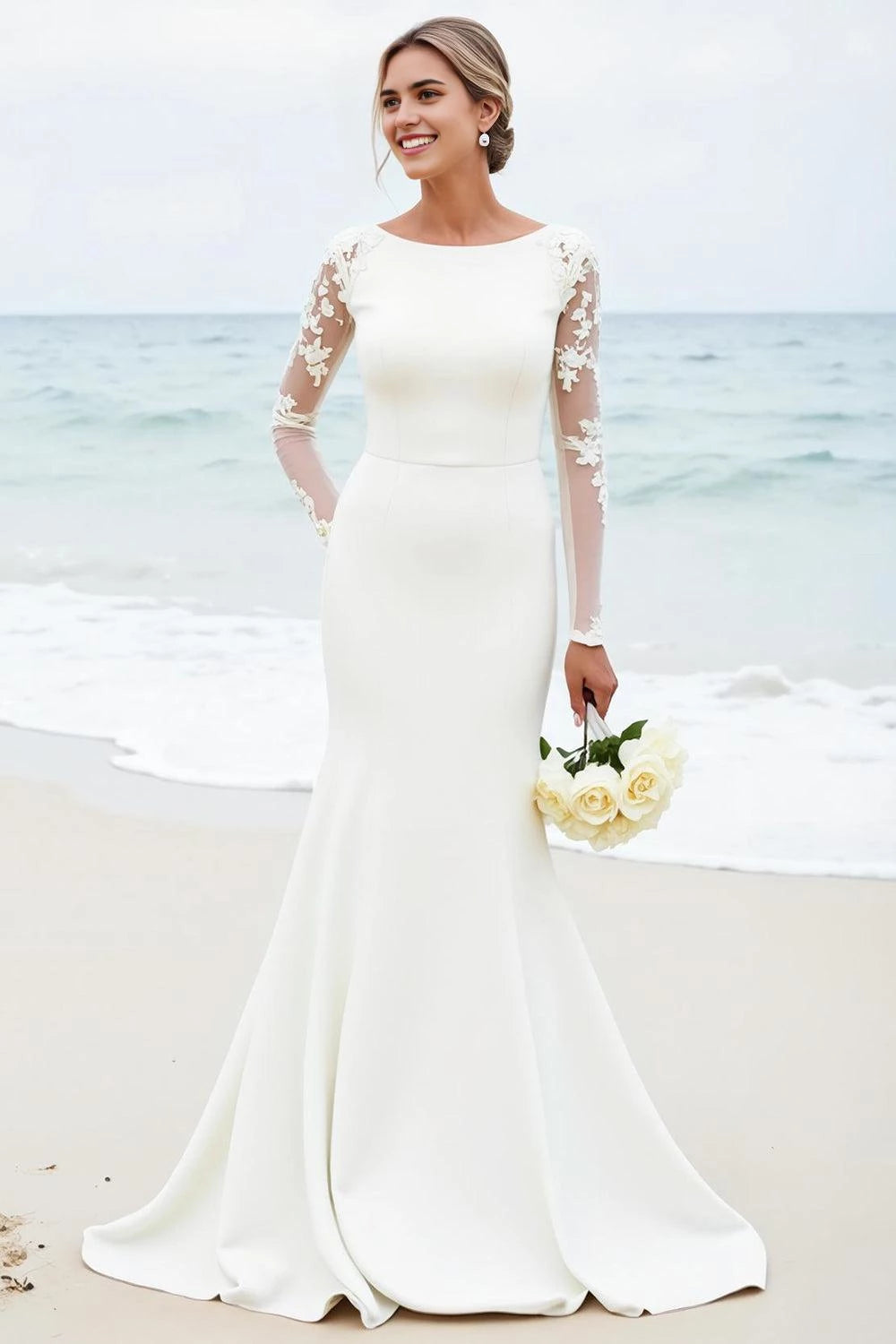 Chic Mermaid Boat Neck Lace Long Sleeve Illusion Back Floor Length Wedding Dress ﻿