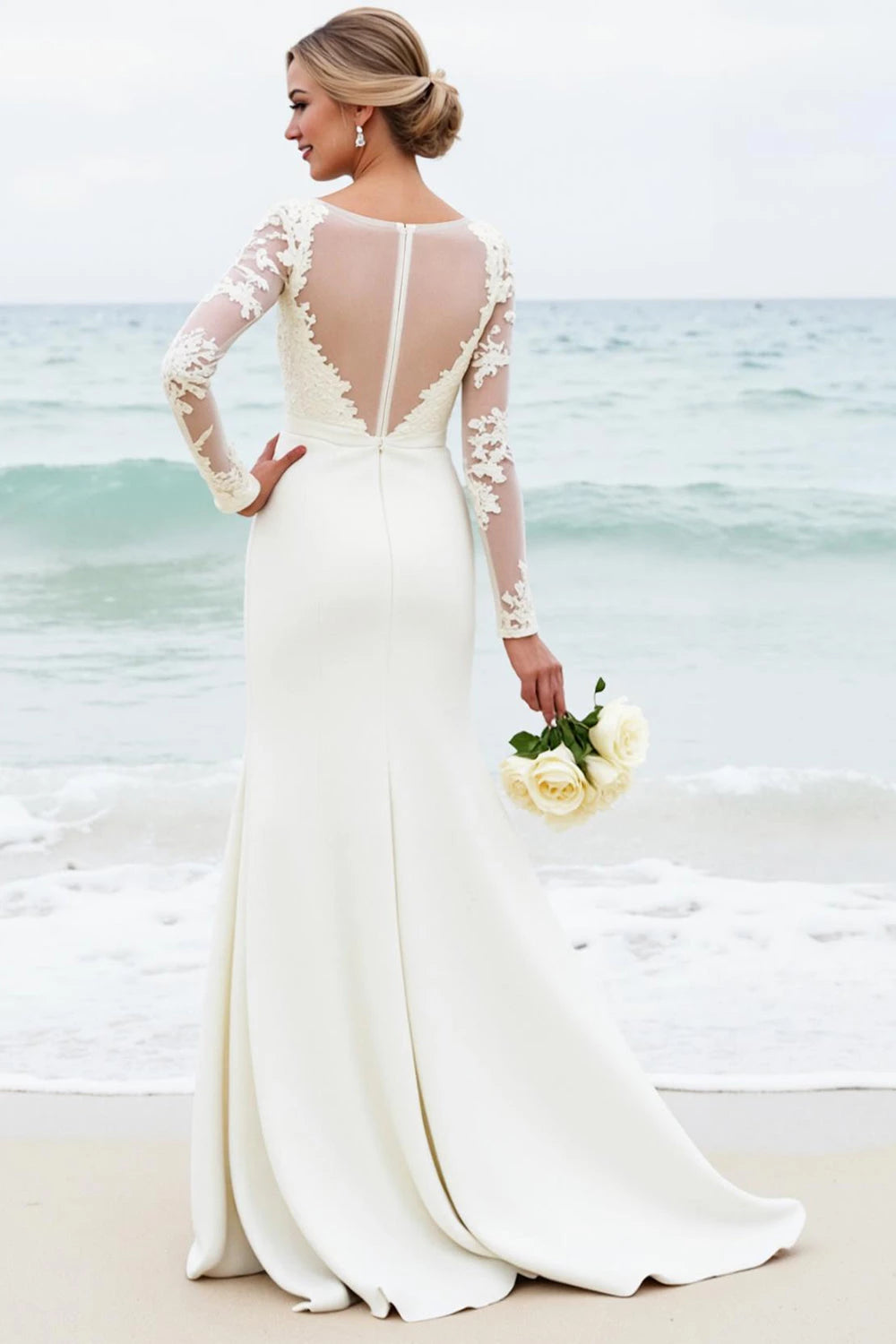 Chic Mermaid Boat Neck Lace Long Sleeve Illusion Back Floor Length Wedding Dress ﻿