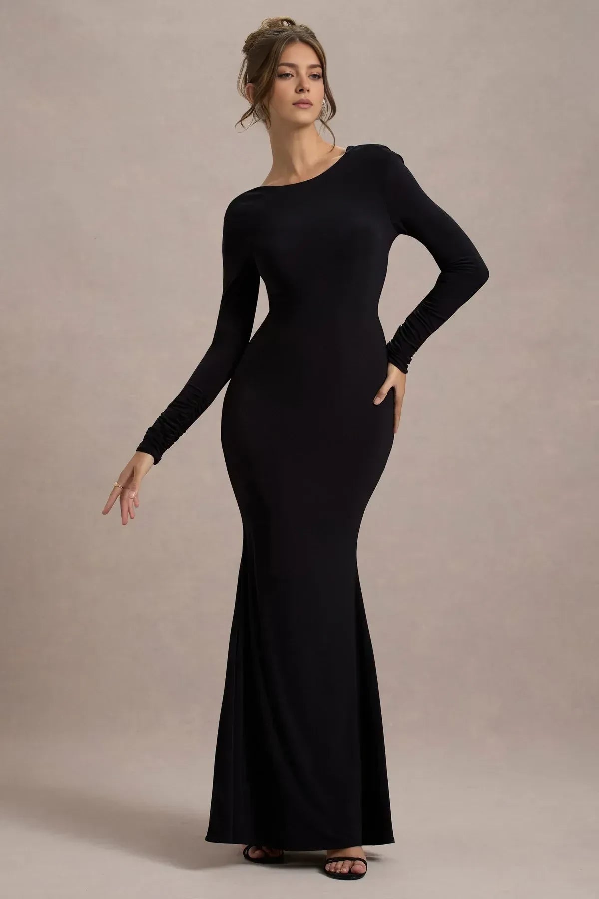 Chic Mermaid Boat Neck Long Sleeve Bow Back Floor Length Evening Dress