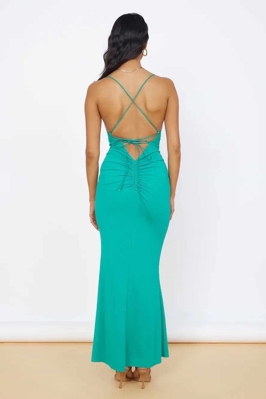 Chic Mermaid Cowl Neck Sleeveless Lace Up Cross Back Floor Length Prom Dress