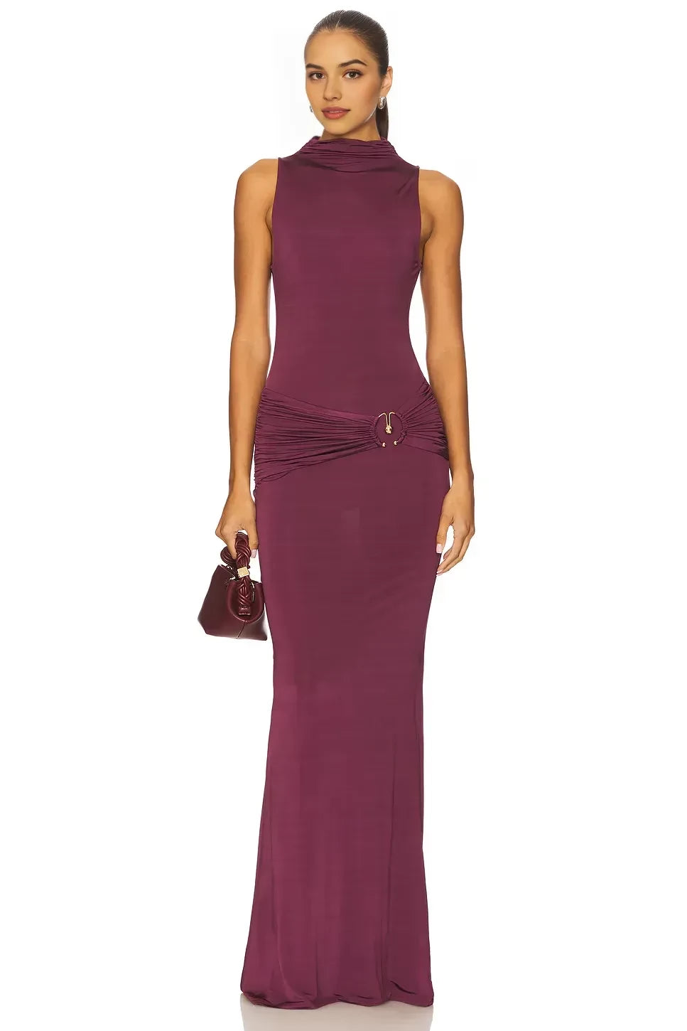 Chic Mermaid Cowl Neck Sleeveless Ruched Detail Floor Length Evening Dress