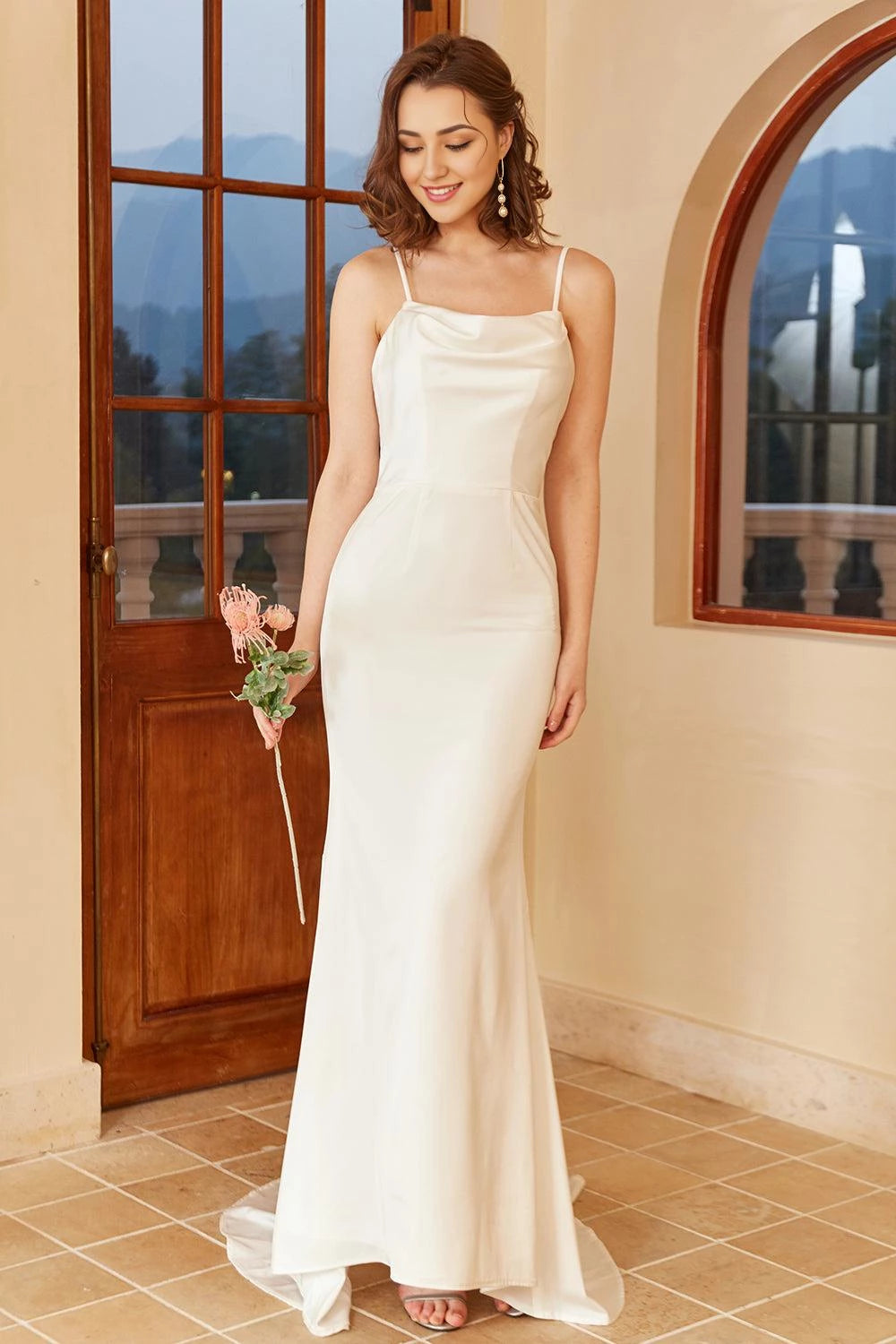 Chic Mermaid Cowl Neck Sleeveless Spaghetti Strap Gathered Back Maxi Wedding Dress