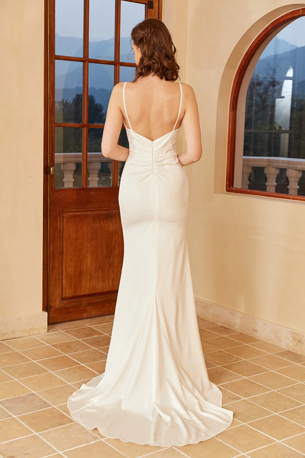 Chic Mermaid Cowl Neck Sleeveless Spaghetti Strap Gathered Back Maxi Wedding Dress