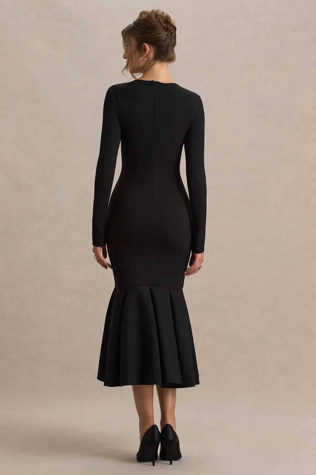 Chic Mermaid Crew Neck Long Sleeve Zipper Back Midi Length Evening Dress