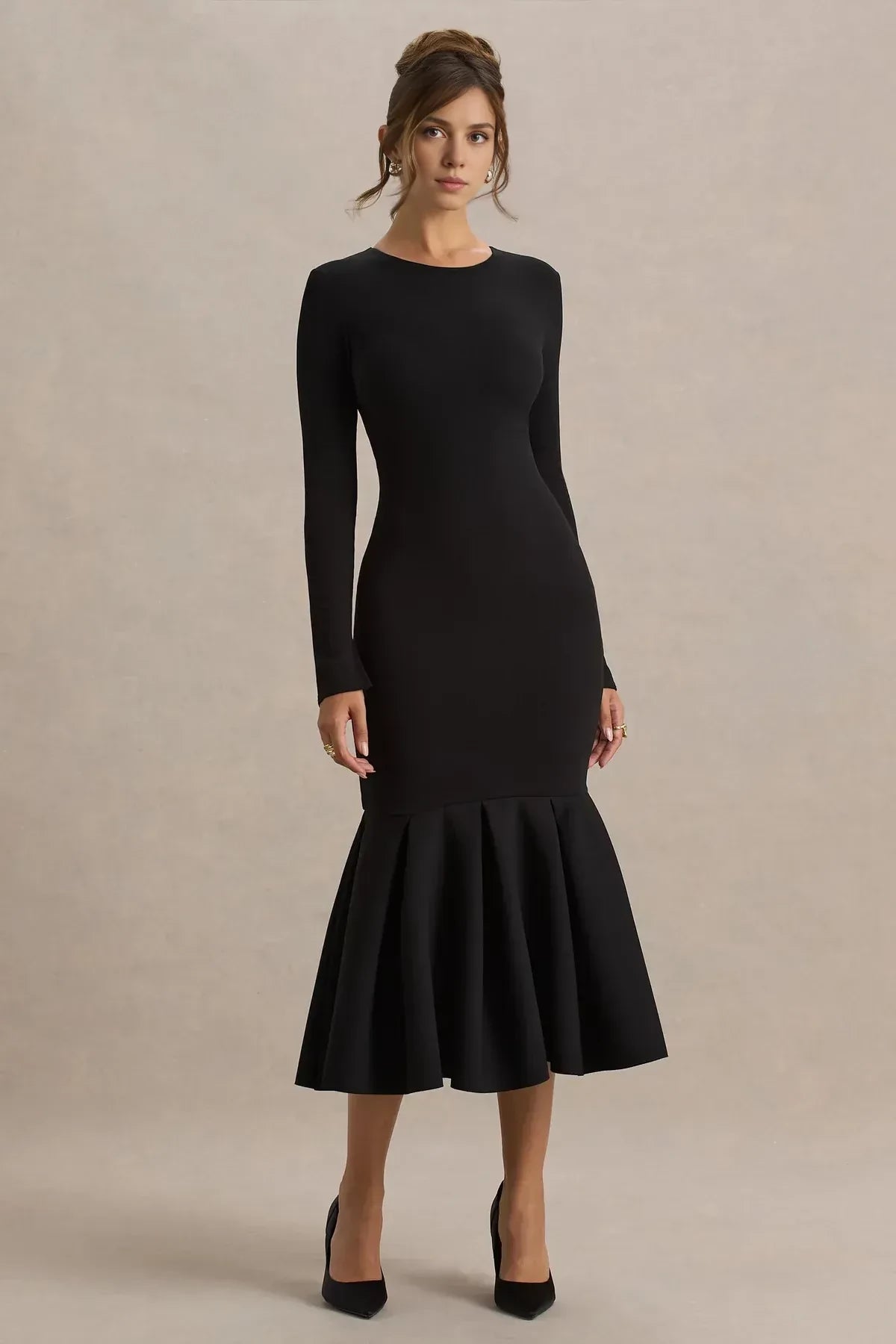 Chic Mermaid Crew Neck Long Sleeve Zipper Back Midi Length Evening Dress