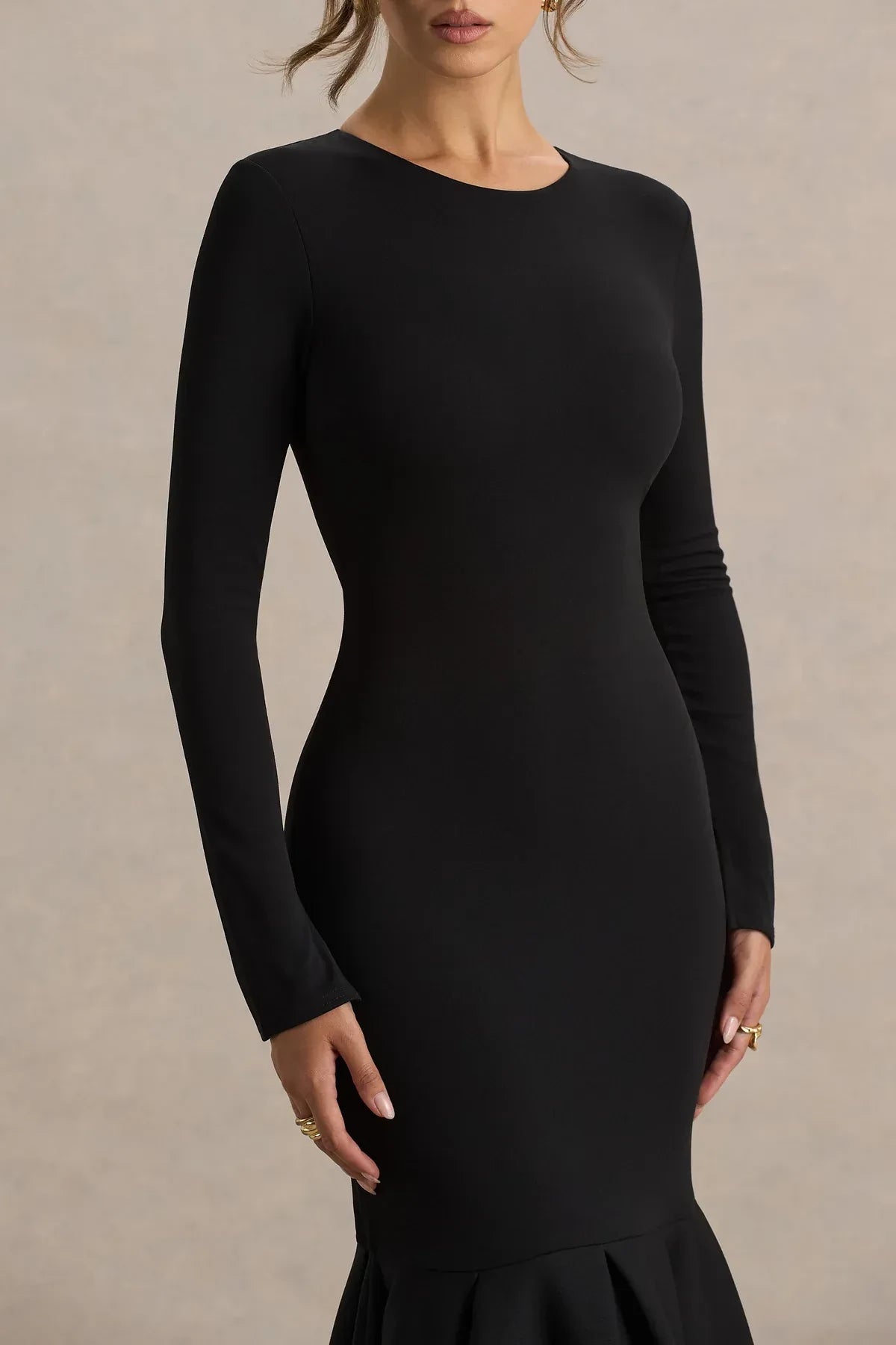 Chic Mermaid Crew Neck Long Sleeve Zipper Back Midi Length Evening Dress