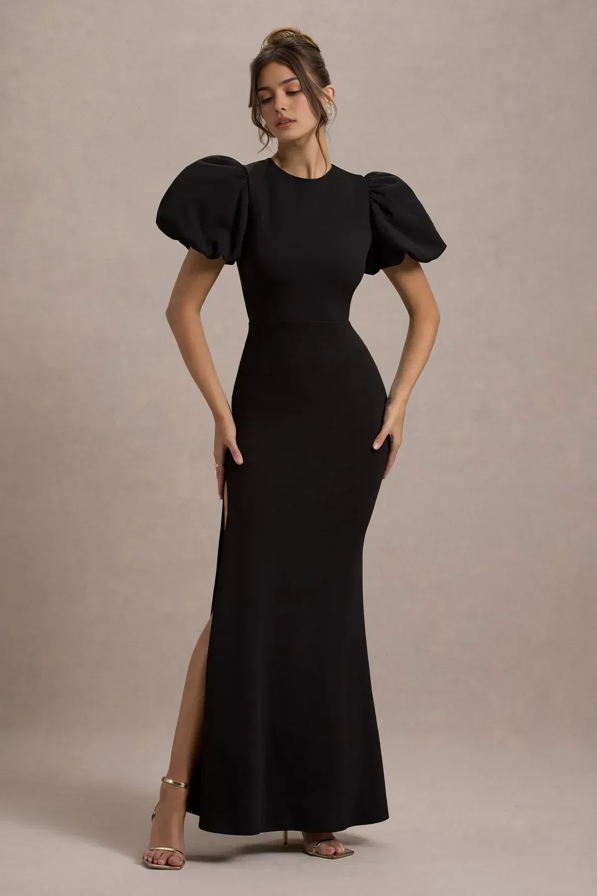 Chic Mermaid Crew Neck Puff Sleeve Keyhole Back Floor Length Evening Dress