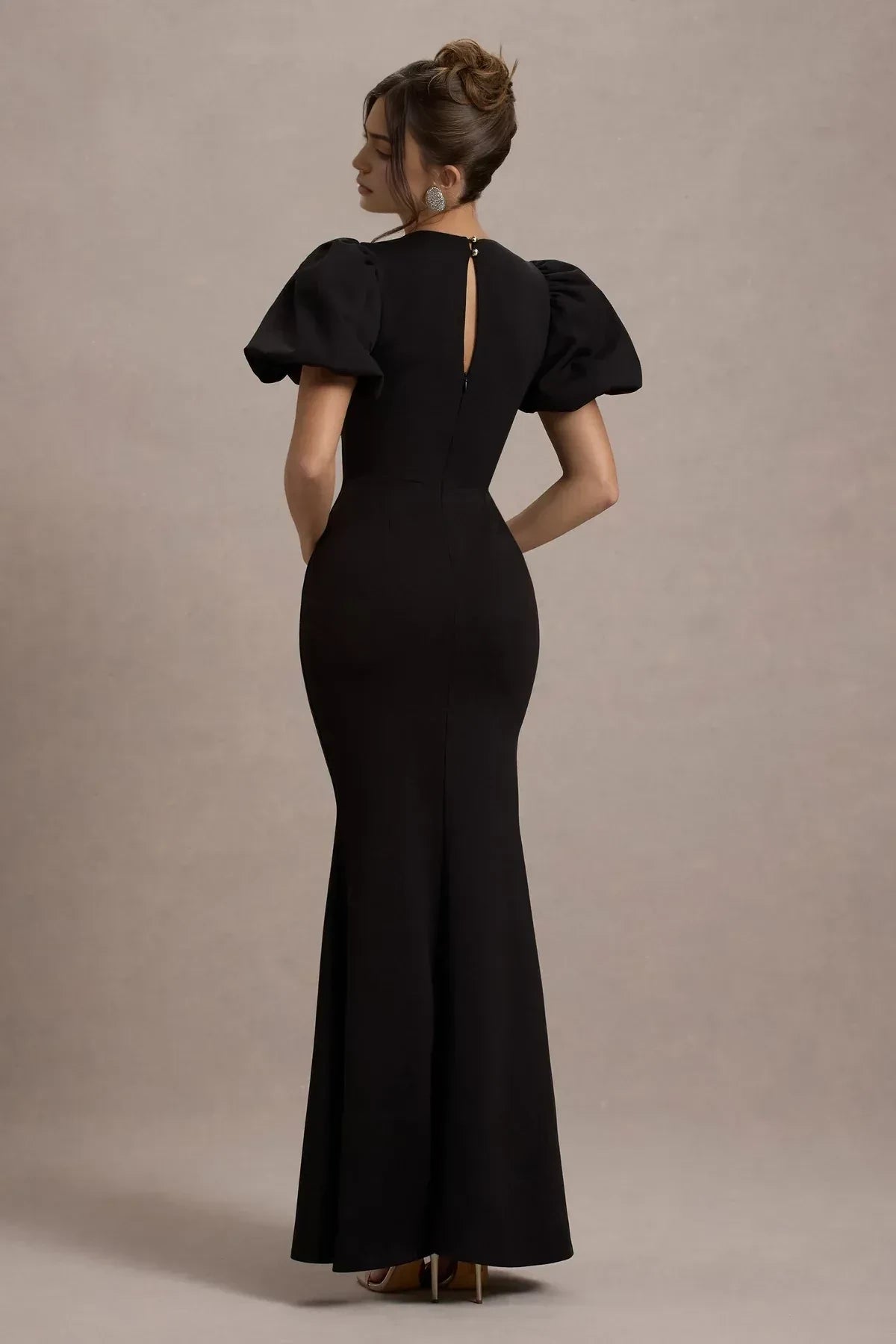 Chic Mermaid Crew Neck Puff Sleeve Keyhole Back Floor Length Evening Dress