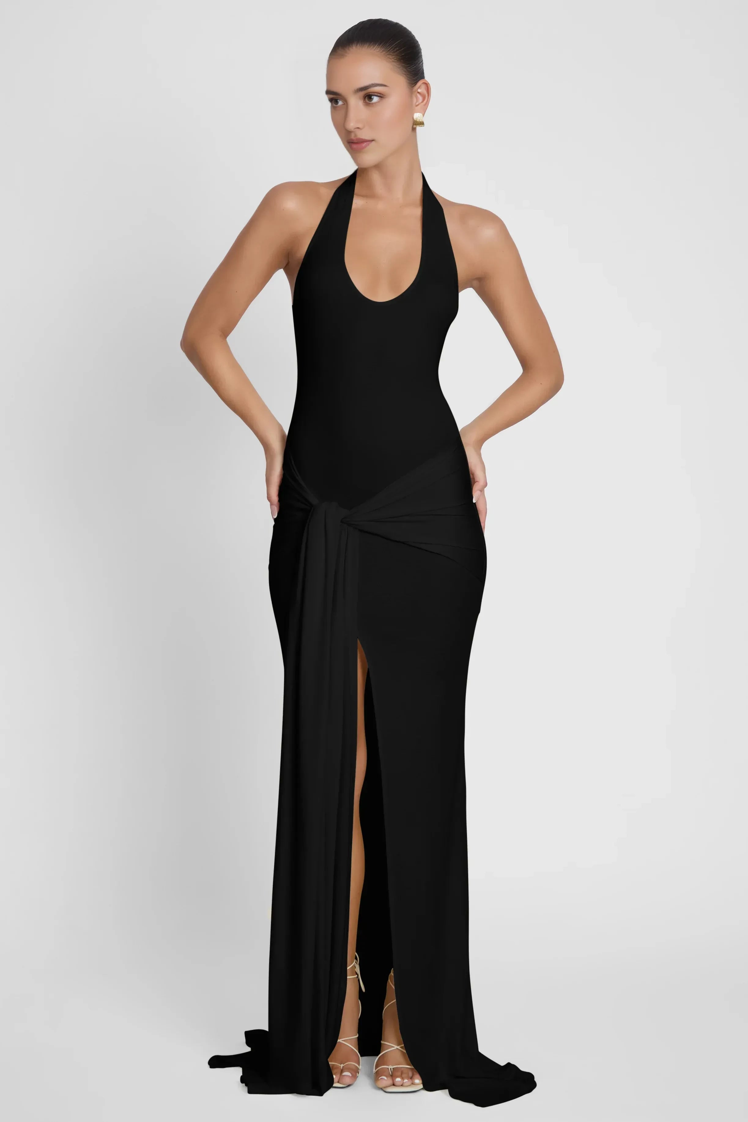 Chic Mermaid Halter Neck Sleeveless Tie Accent Side Slit Floor Length Prom Dress