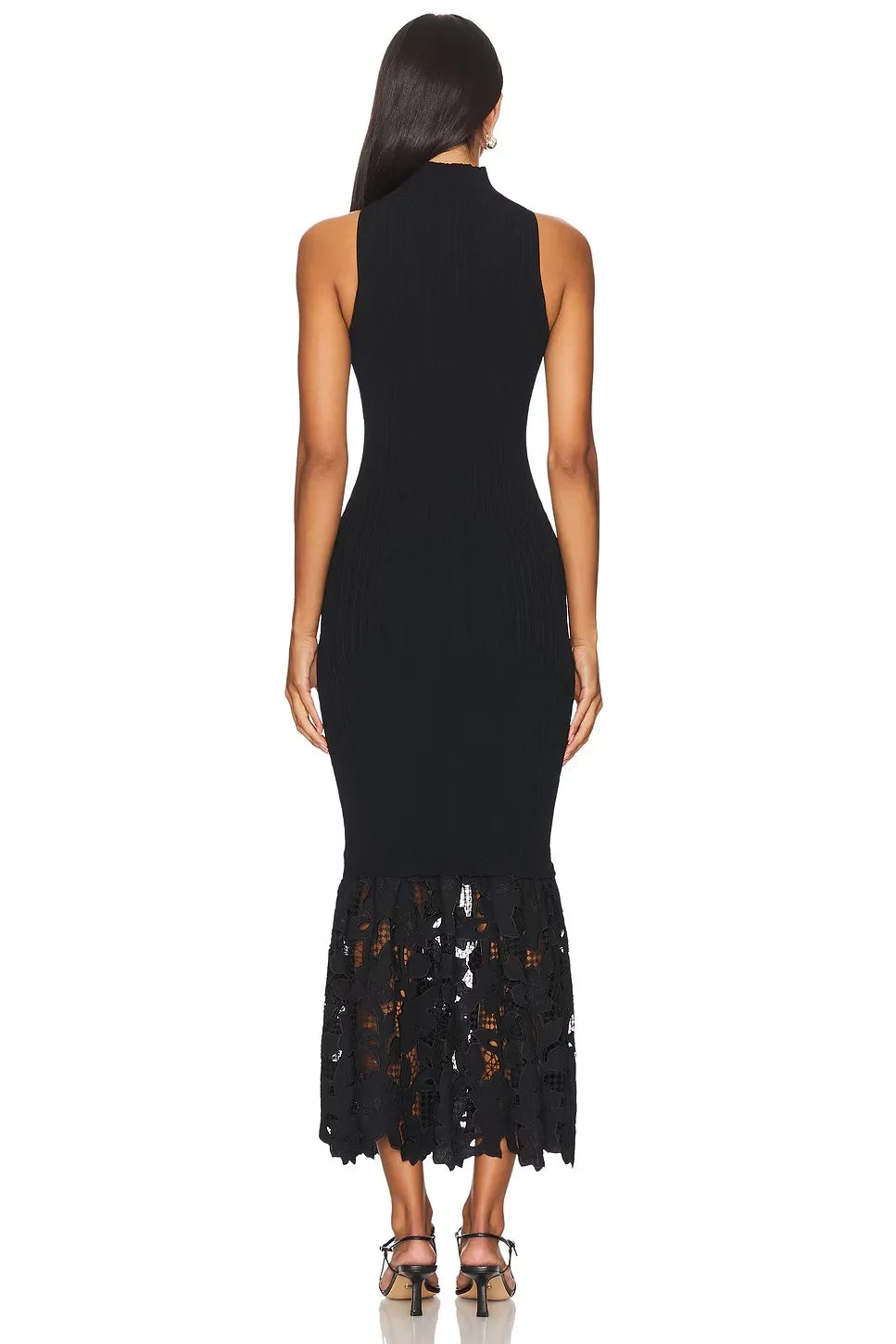 Chic Mermaid Mock Neck Sleeveless Lace Hem Midi Length Evening Dress