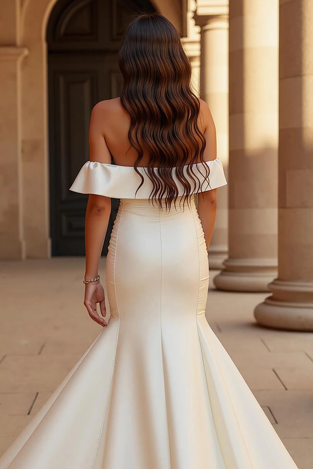 Chic Mermaid Off Shoulder Flutter Sleeve Open Back Floor Length Wedding Dress
