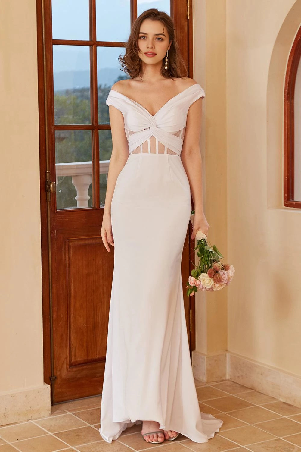 Chic Mermaid Off Shoulder Short Sleeve Bow Back Floor Length Wedding Dress