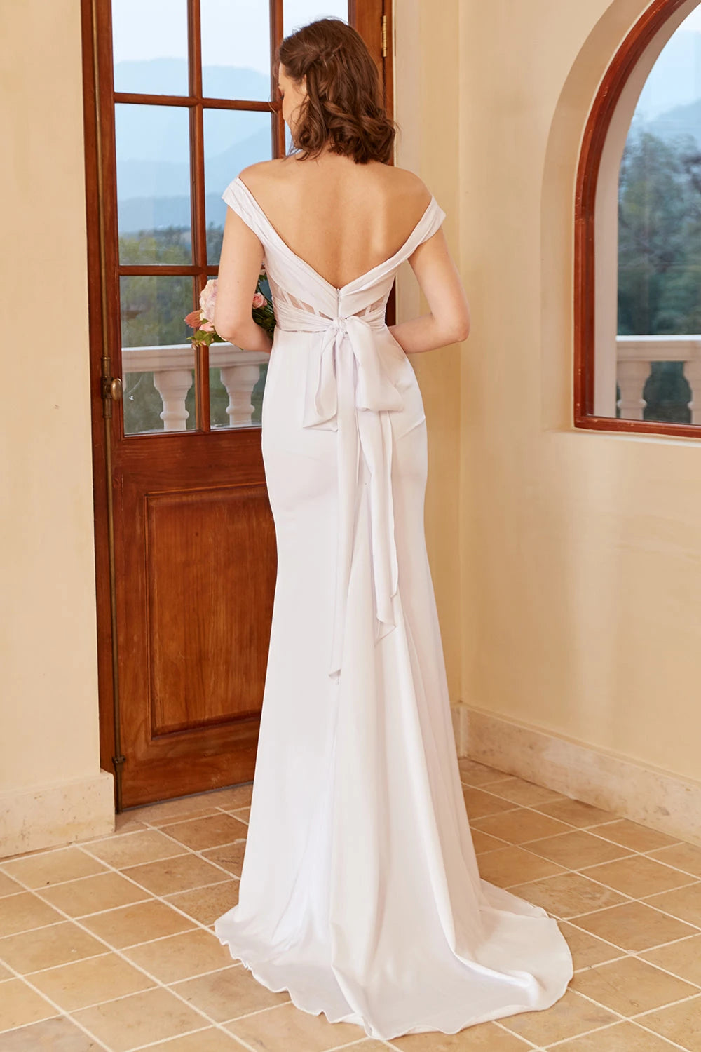 Chic Mermaid Off Shoulder Short Sleeve Bow Back Floor Length Wedding Dress