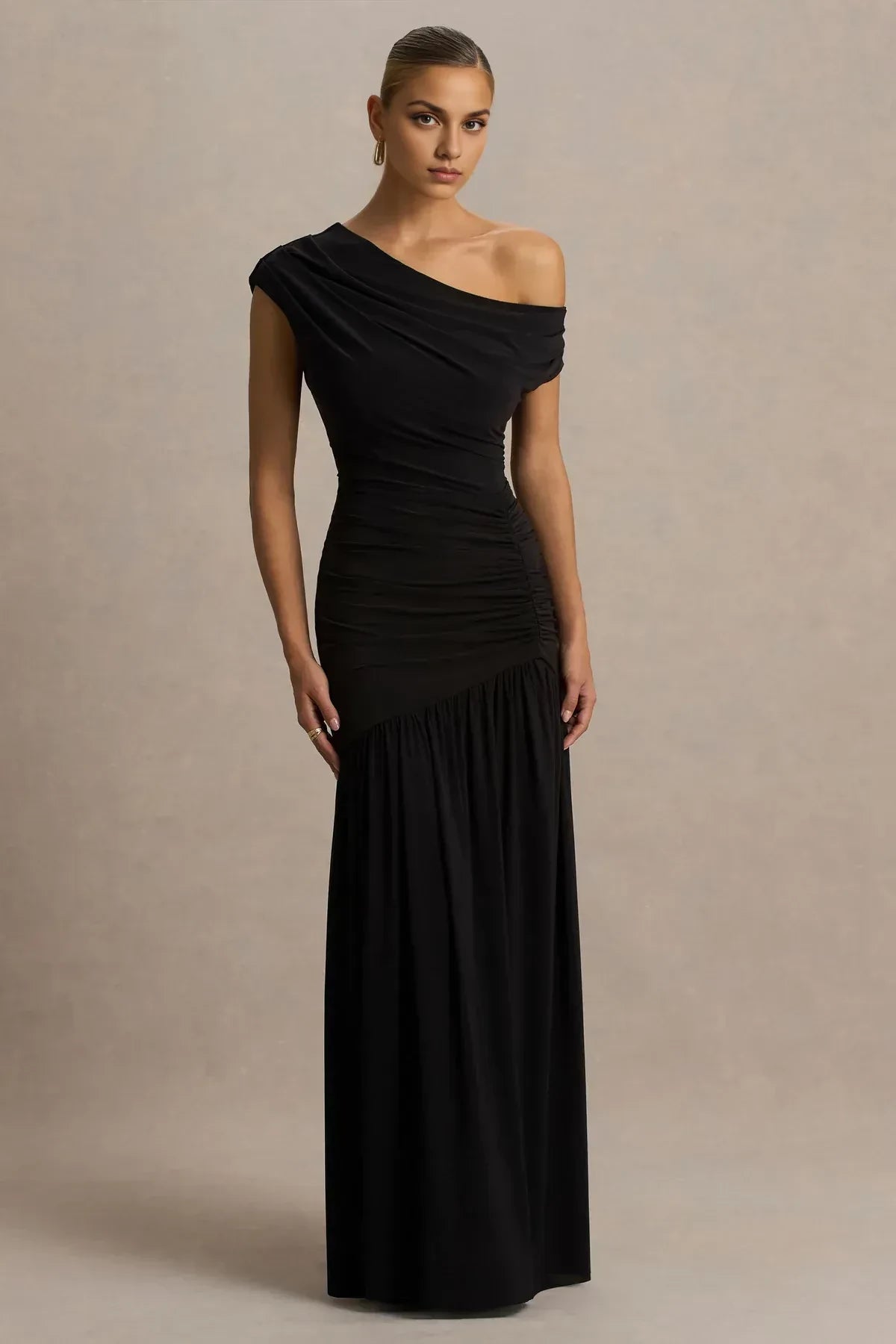 Chic Mermaid One Shoulder Draped Sleeve Ruched Side Floor Length Evening Dress