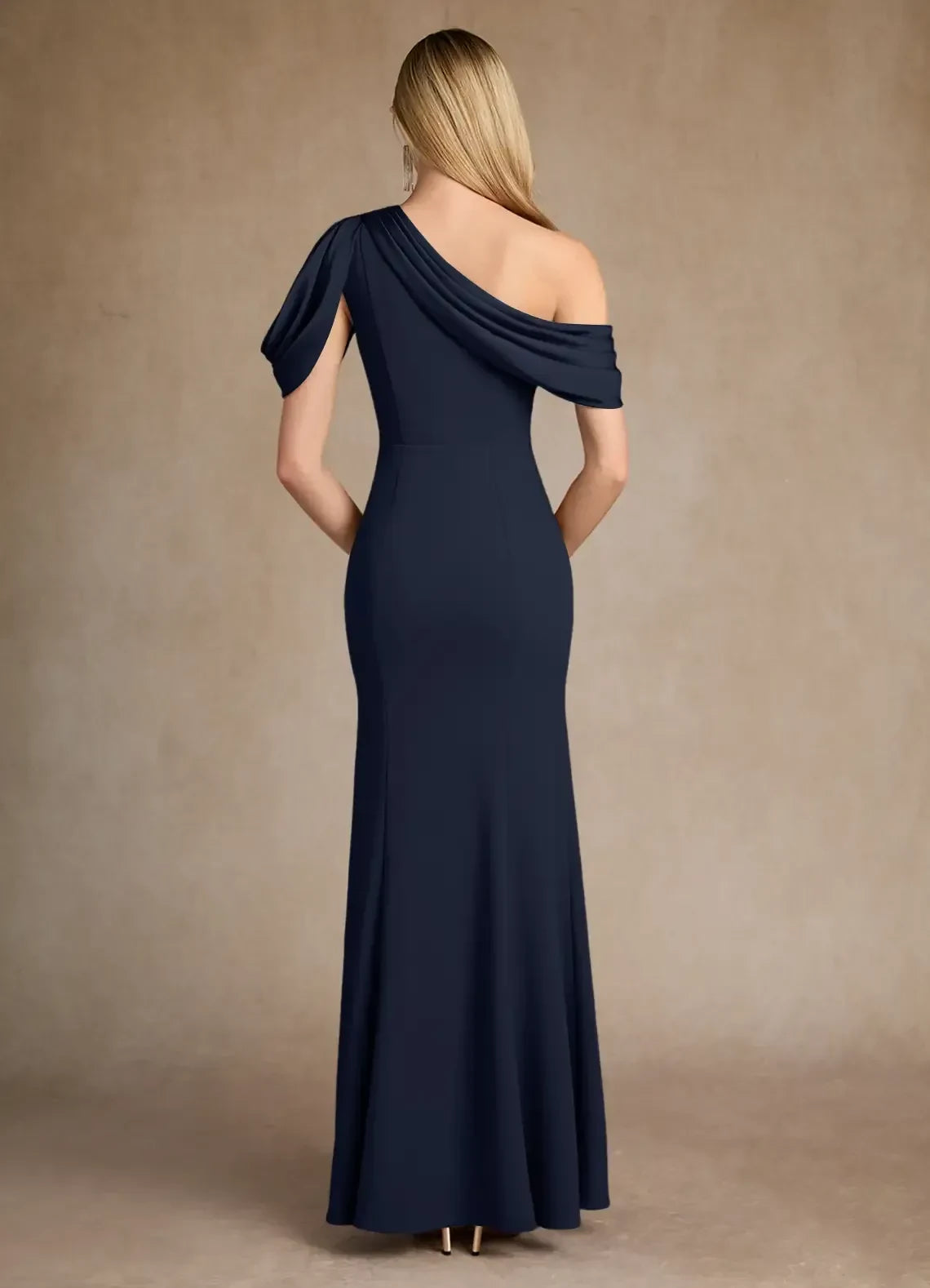 Chic Mermaid One Shoulder Draped Sleeve Zipper Back Floor Length Mother of the Bride Dresses