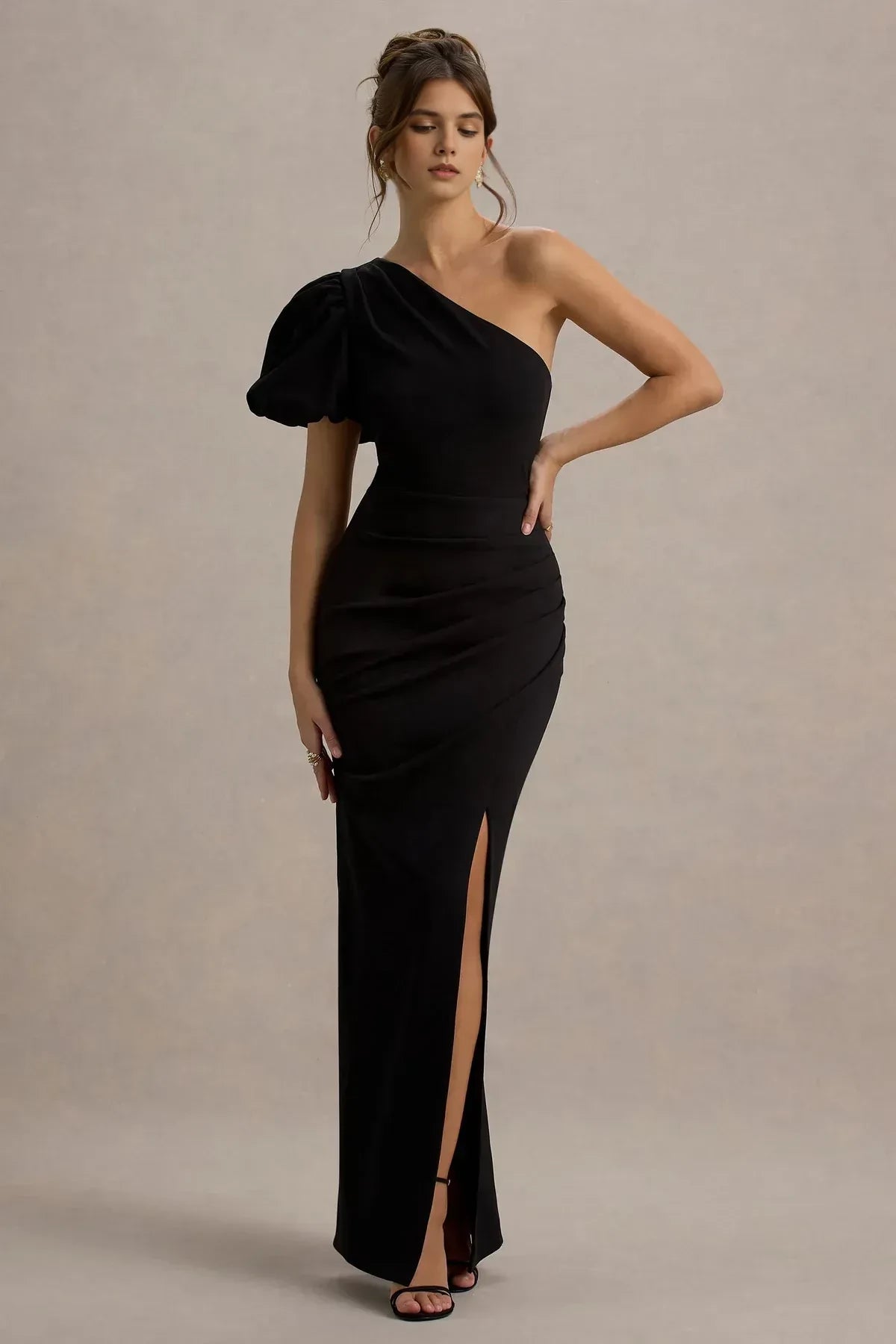Chic Mermaid One Shoulder Puff Sleeve Zipper Back Floor Length Evening Dress