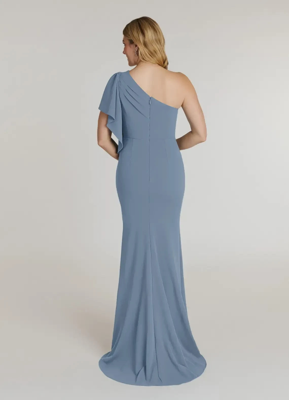 Chic Mermaid One Shoulder Ruffled Sleeve Zipper Back Floor Length Mother of the Bride Dress