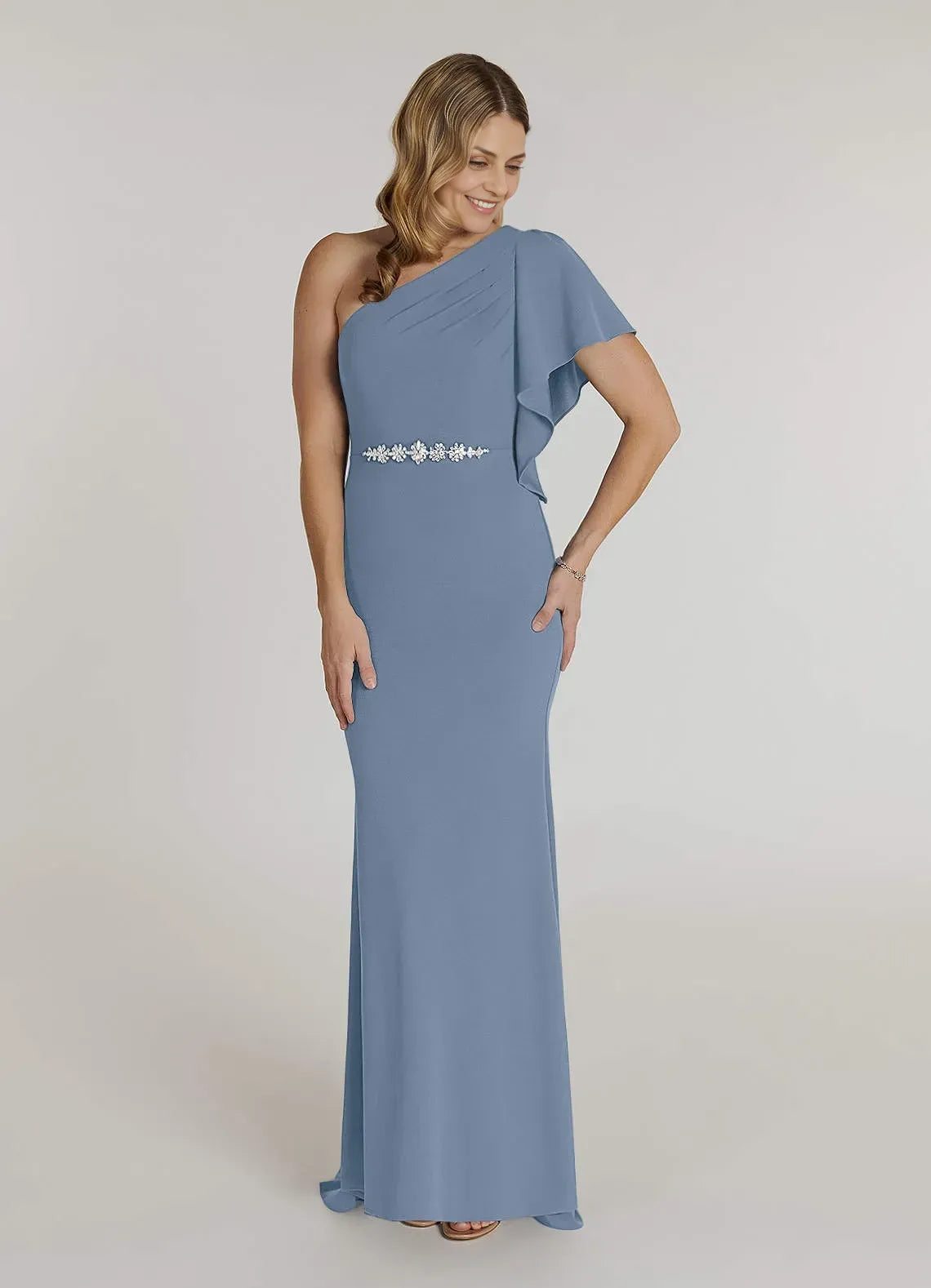 Chic Mermaid One Shoulder Ruffled Sleeve Zipper Back Floor Length Mother of the Bride Dress