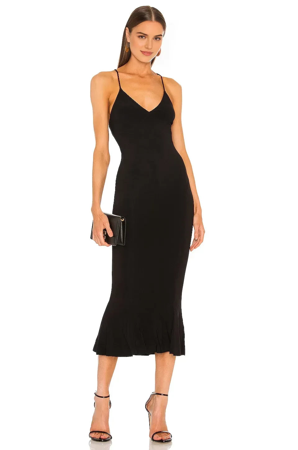 Chic Mermaid Plunging V Neck Sleeveless Open Back Midi Length Evening Dress