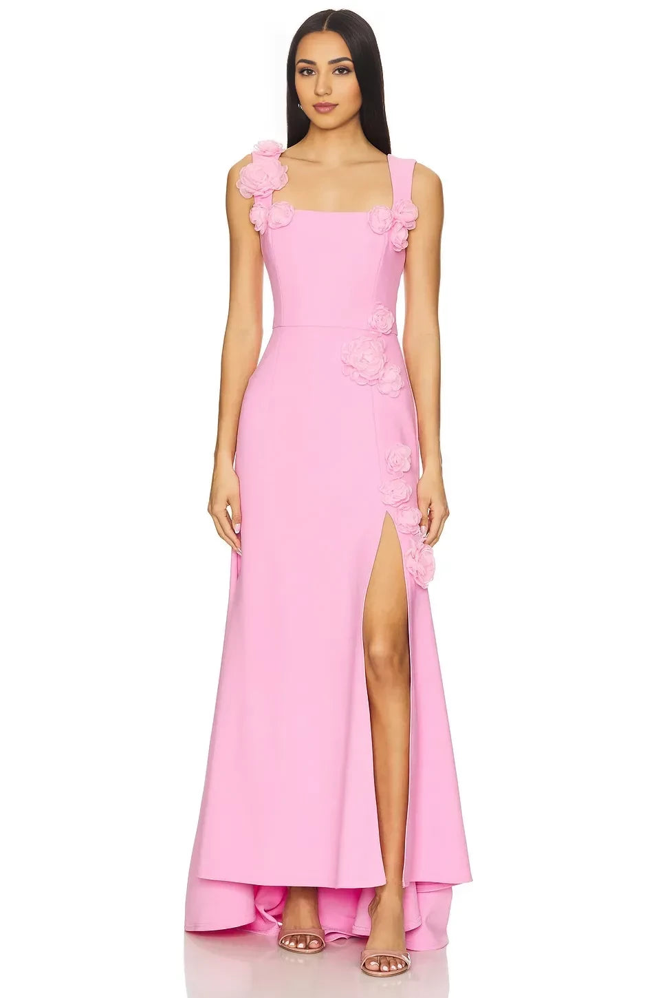 Chic Mermaid Square Neck Sleeveless Floral Detail Slit Front FloorLength Evening Dress