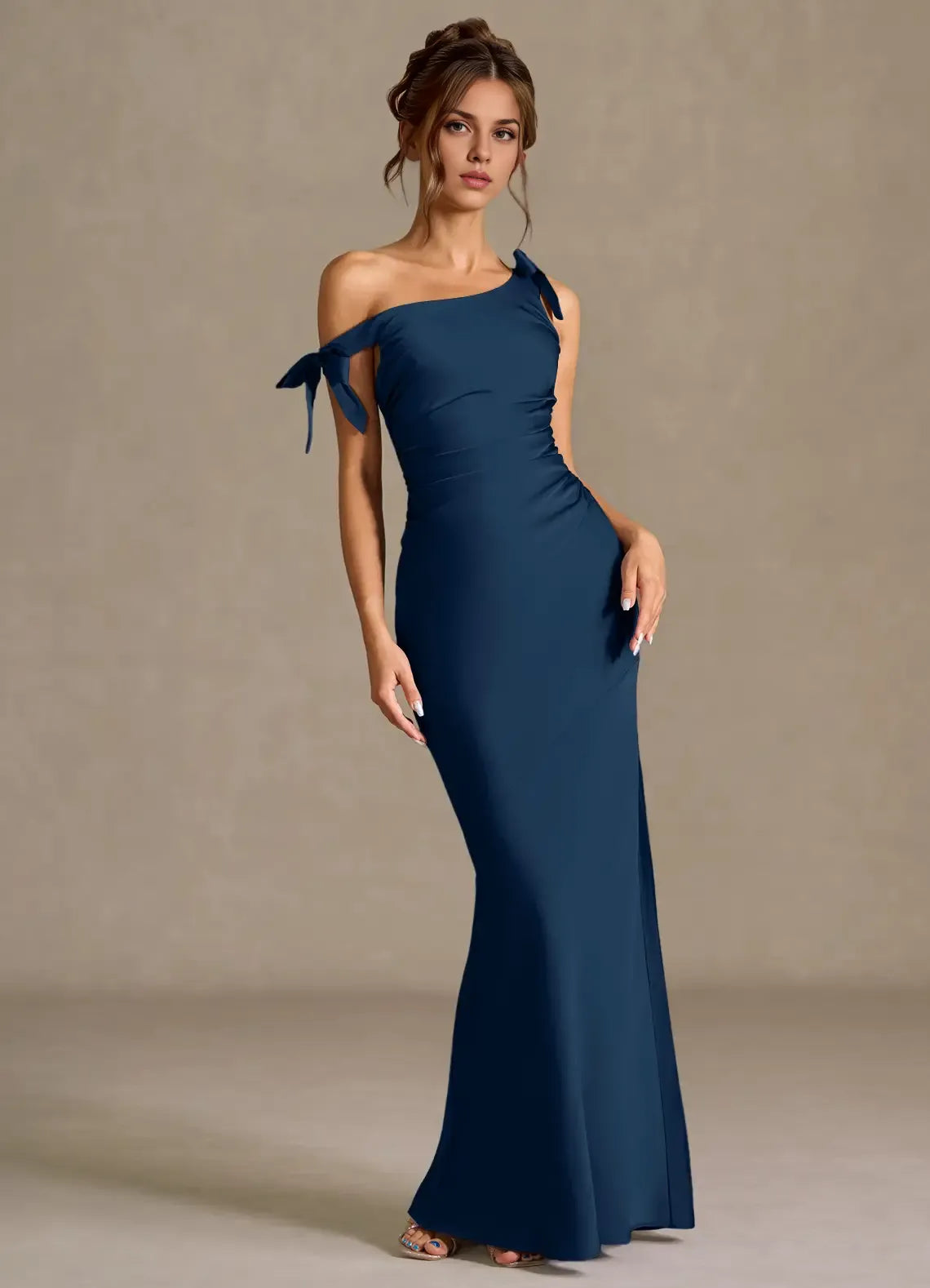 Chic Mermaid Sweetheart One Shoulder Tie Accent Open Back Floor Length For Ladies Prom Dress