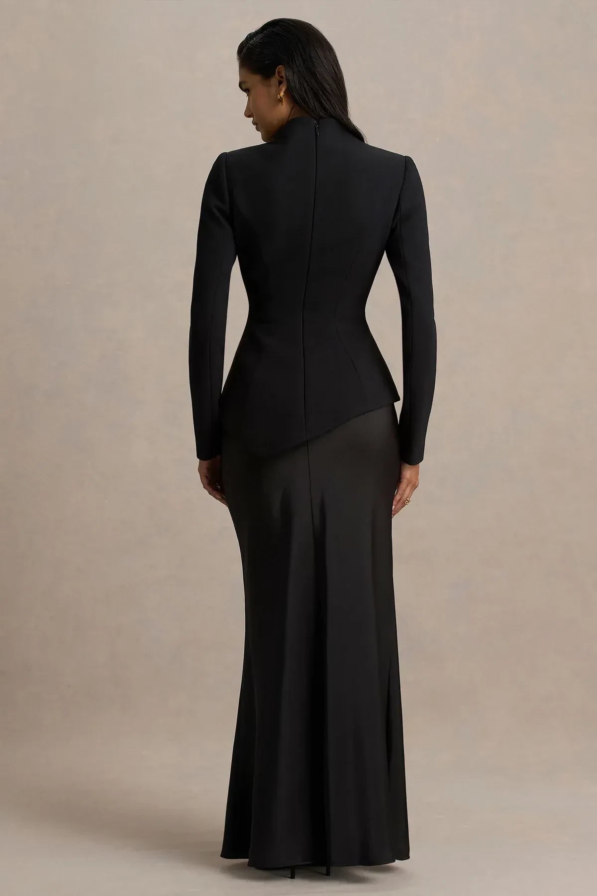 Chic Peplum High Neck Long Sleeve Zip Back Floor Length Evening Dress