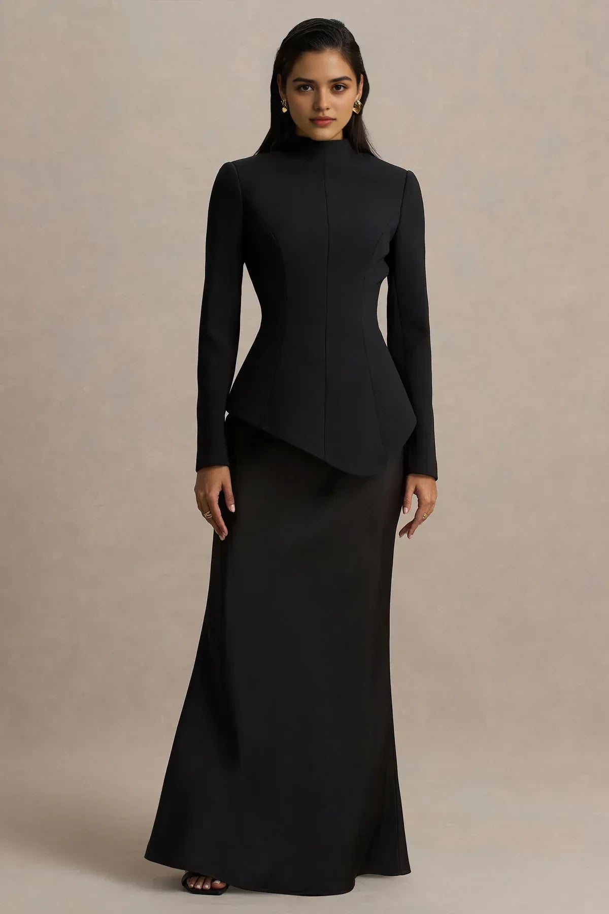 Chic Peplum High Neck Long Sleeve Zip Back Floor Length Evening Dress