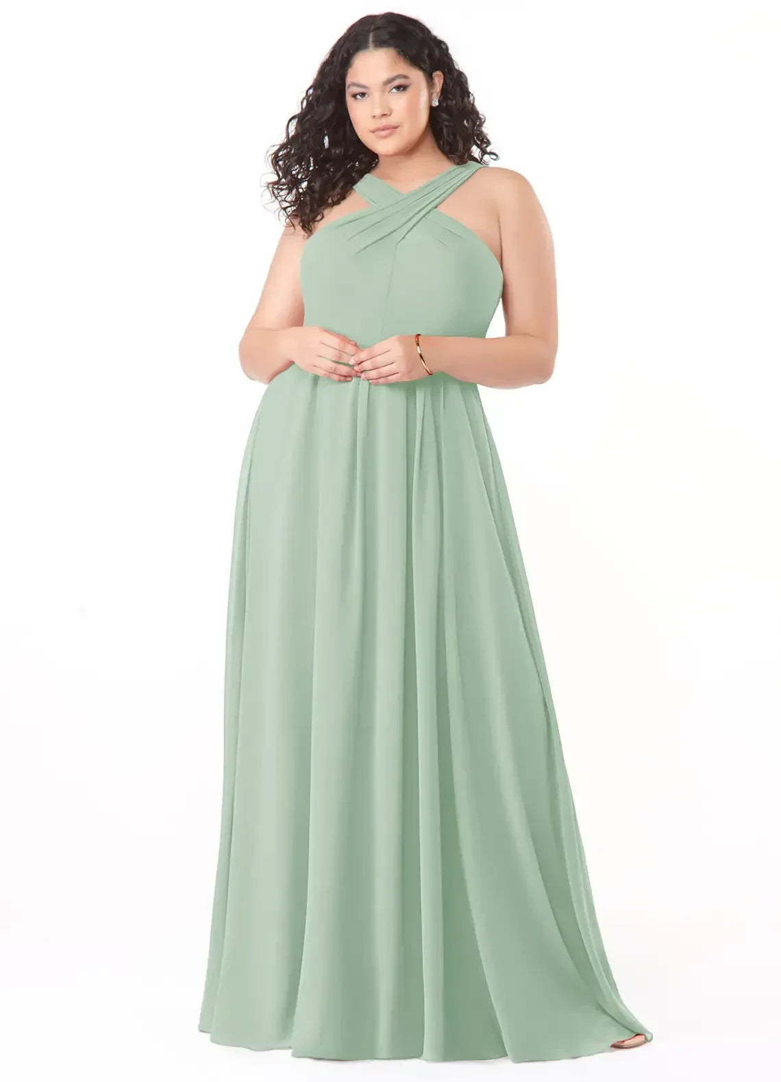 Chic Plus Size A Line Criss Cross Neck Sleeveless Bow Back Floor Length Bridesmaid Dress