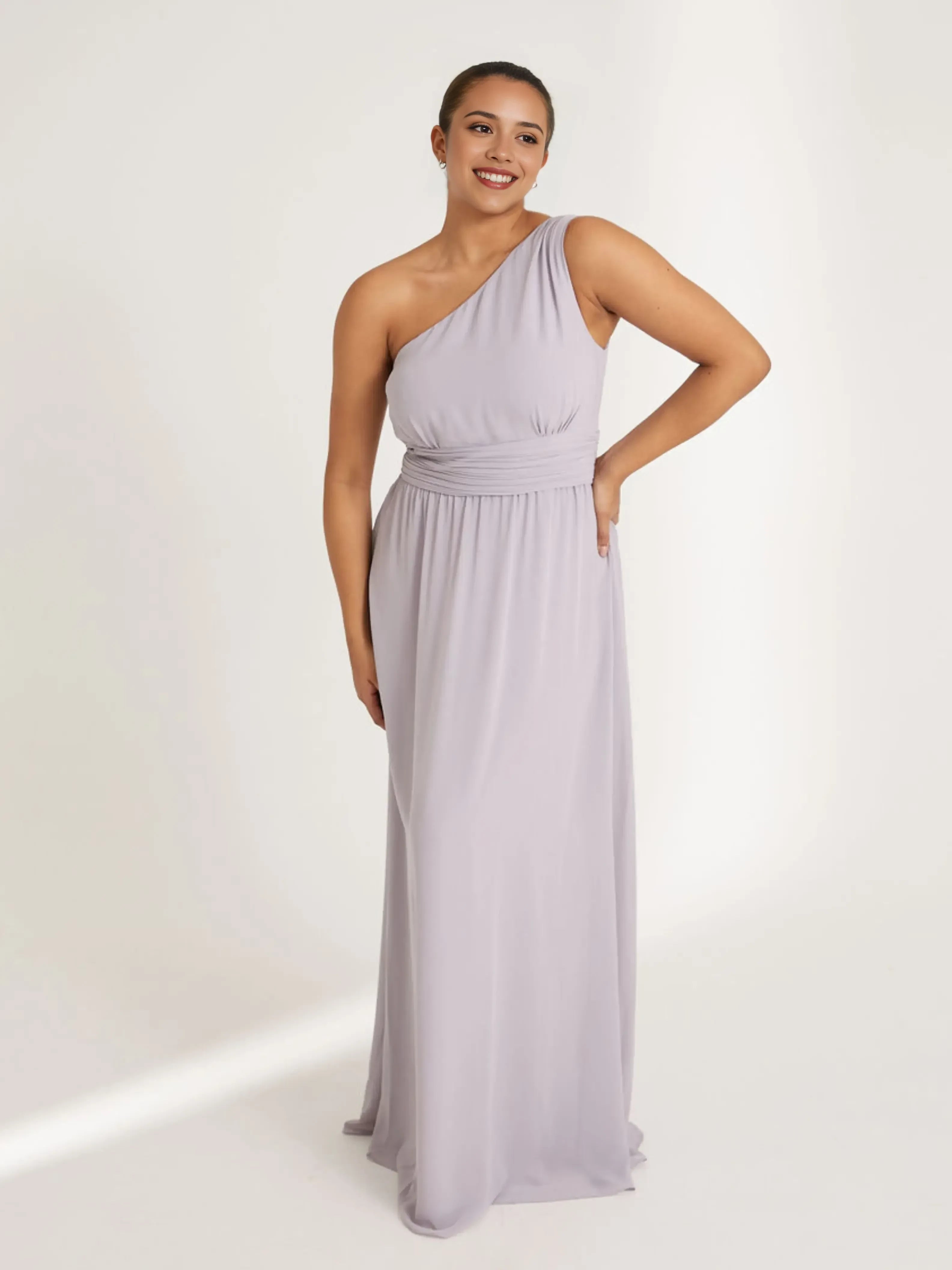 Chic Plus Size A Line One Shoulder Sleeveless Draped Back Floor Length Bridesmaid Dress