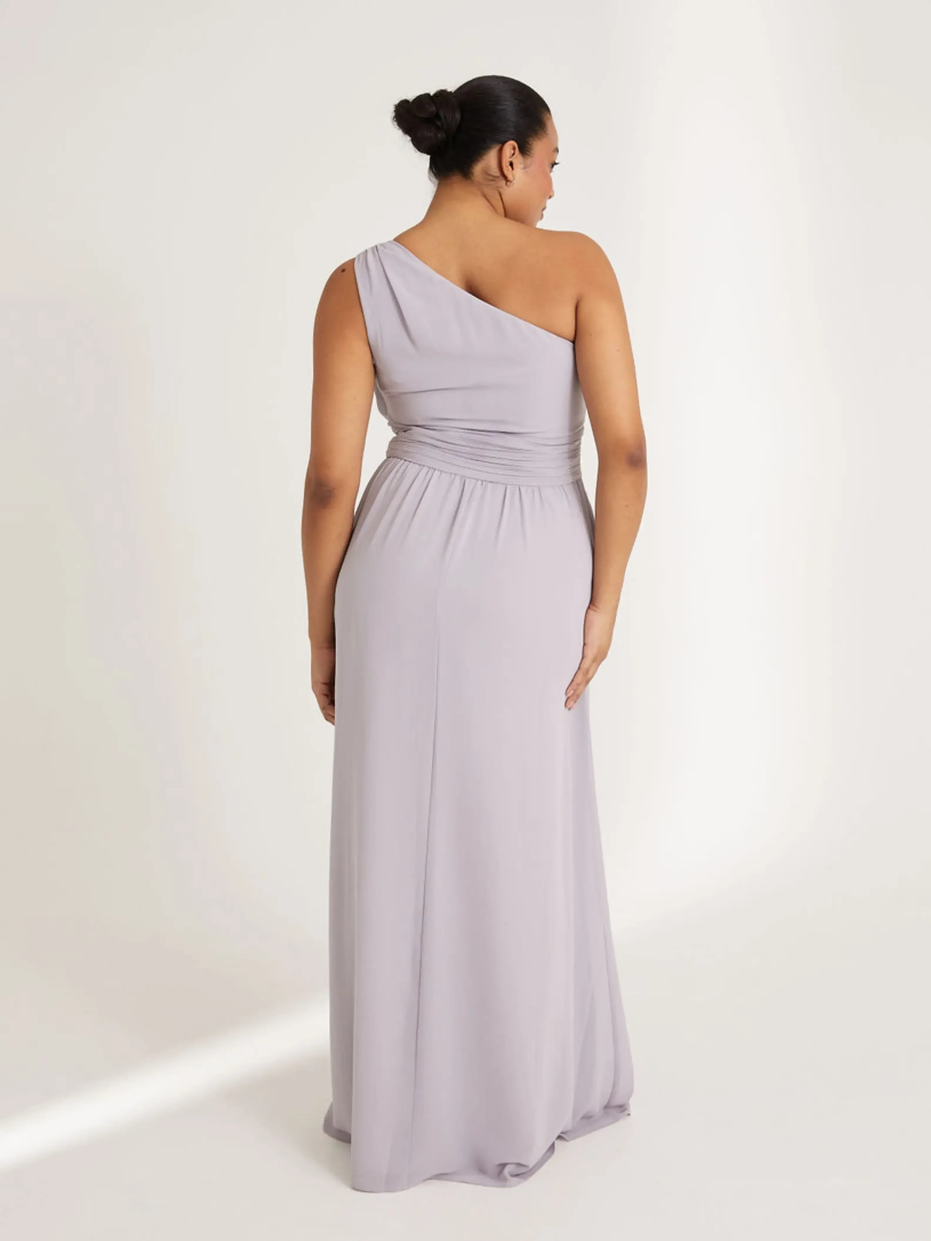 Chic Plus Size A Line One Shoulder Sleeveless Draped Back Floor Length Bridesmaid Dress